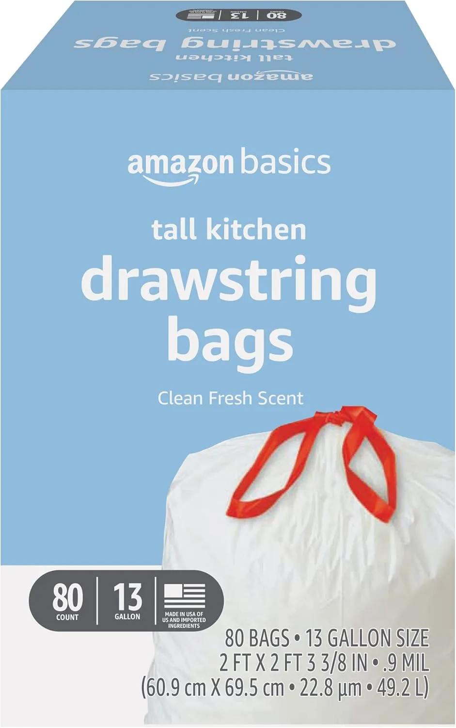 Amazon Basics Tall Kitchen Drawstring Trash Bags, Clean Fresh Scent, 13 Gallon, 80 Count (Previously Solimo)