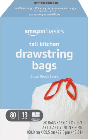Amazon Basics Tall Kitchen Drawstring Trash Bags, Clean Fresh Scent, 13 Gallon, 80 Count (Previously Solimo)