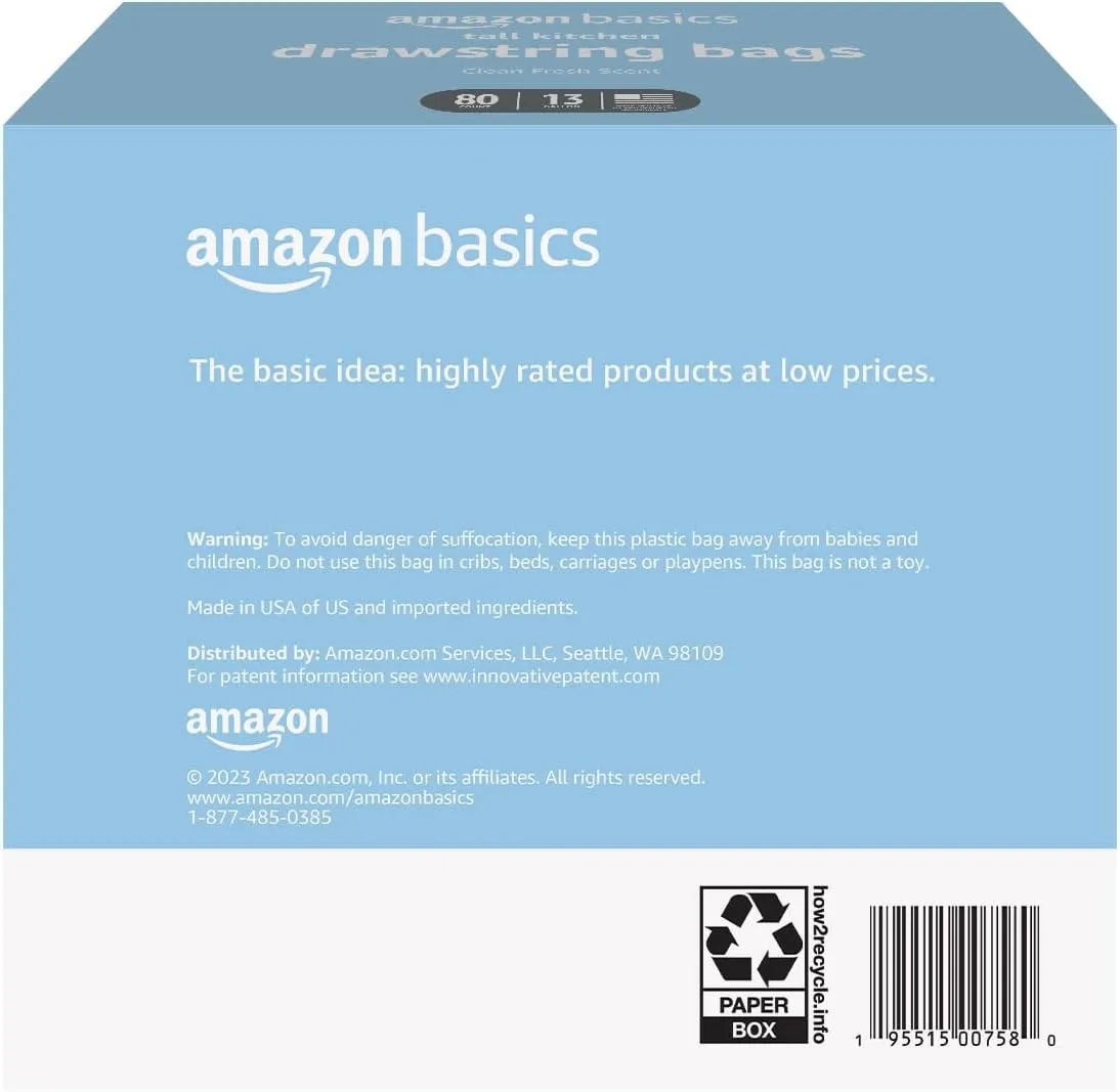 Amazon Basics Tall Kitchen Drawstring Trash Bags, Clean Fresh Scent, 13 Gallon, 80 Count (Previously Solimo)
