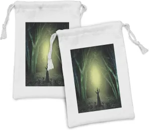 Ambesonne Dark Forest Fabric Pouch Set of 2, Fantasy World Scene of a Witch Casting a Spell in Scary Woodland, Small Drawstring Bag for Toiletries Masks and Favors, 9" x 6", Pale Green Charcoal Grey
