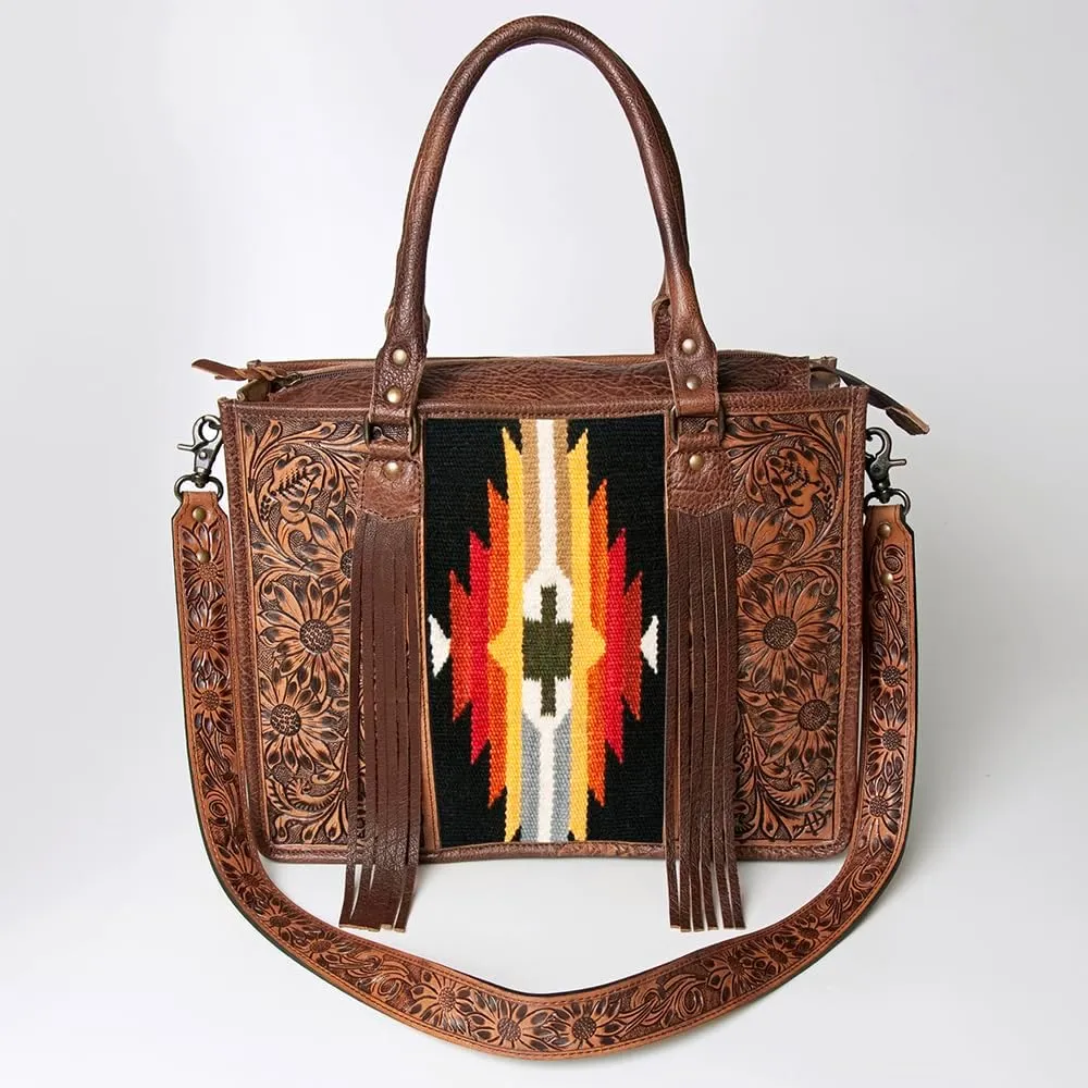 American Darling Briefcase Hand Tooled Saddle Blanket Genuine Leather women bag western handbag purse, Black
