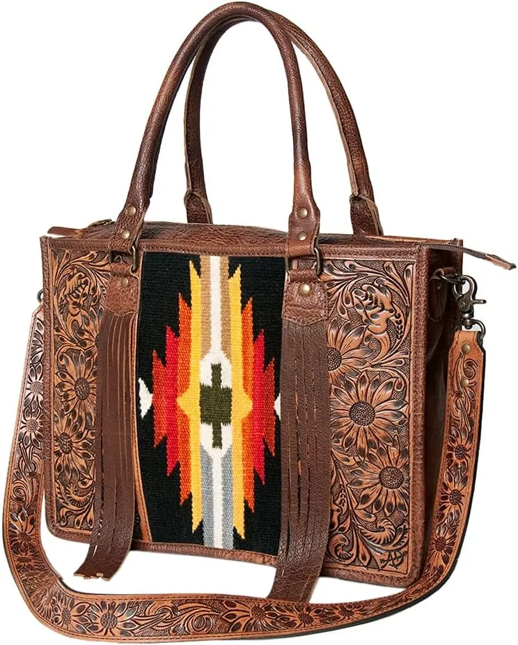 American Darling Briefcase Hand Tooled Saddle Blanket Genuine Leather women bag western handbag purse, Black