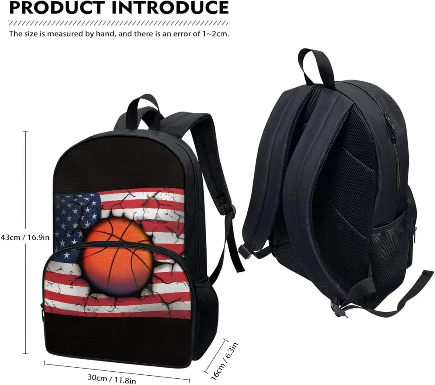 American Flag Bookbag Basketball Print School Backpack 17-inch for Kids Lunch Box Pen Bags 3 In 1 Suitable for over 3 Years Old Child