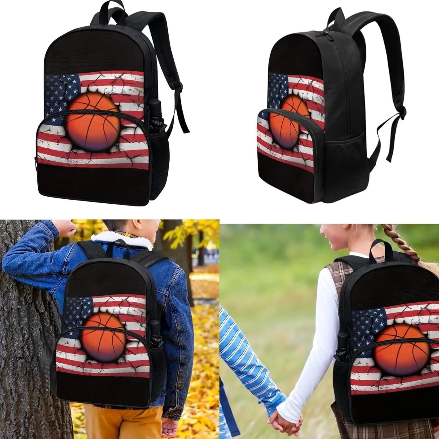 American Flag Bookbag Basketball Print School Backpack 17-inch for Kids Lunch Box Pen Bags 3 In 1 Suitable for over 3 Years Old Child