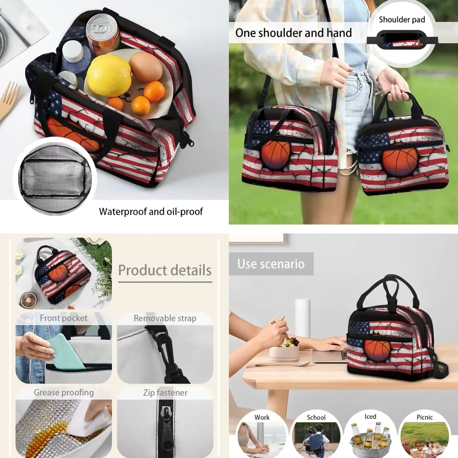 American Flag Bookbag Basketball Print School Backpack 17-inch for Kids Lunch Box Pen Bags 3 In 1 Suitable for over 3 Years Old Child