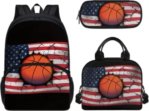 American Flag Bookbag Basketball Print School Backpack 17-inch for Kids Lunch Box Pen Bags 3 In 1 Suitable for over 3 Years Old Child