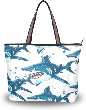 Angry Shark Blue Shoulder Bags Large Handle Ladies Handbag