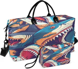 Angry Sharks Travel Duffel Bags with Toiletry Bag and Adjustable Strap for Travel Gym Yoga