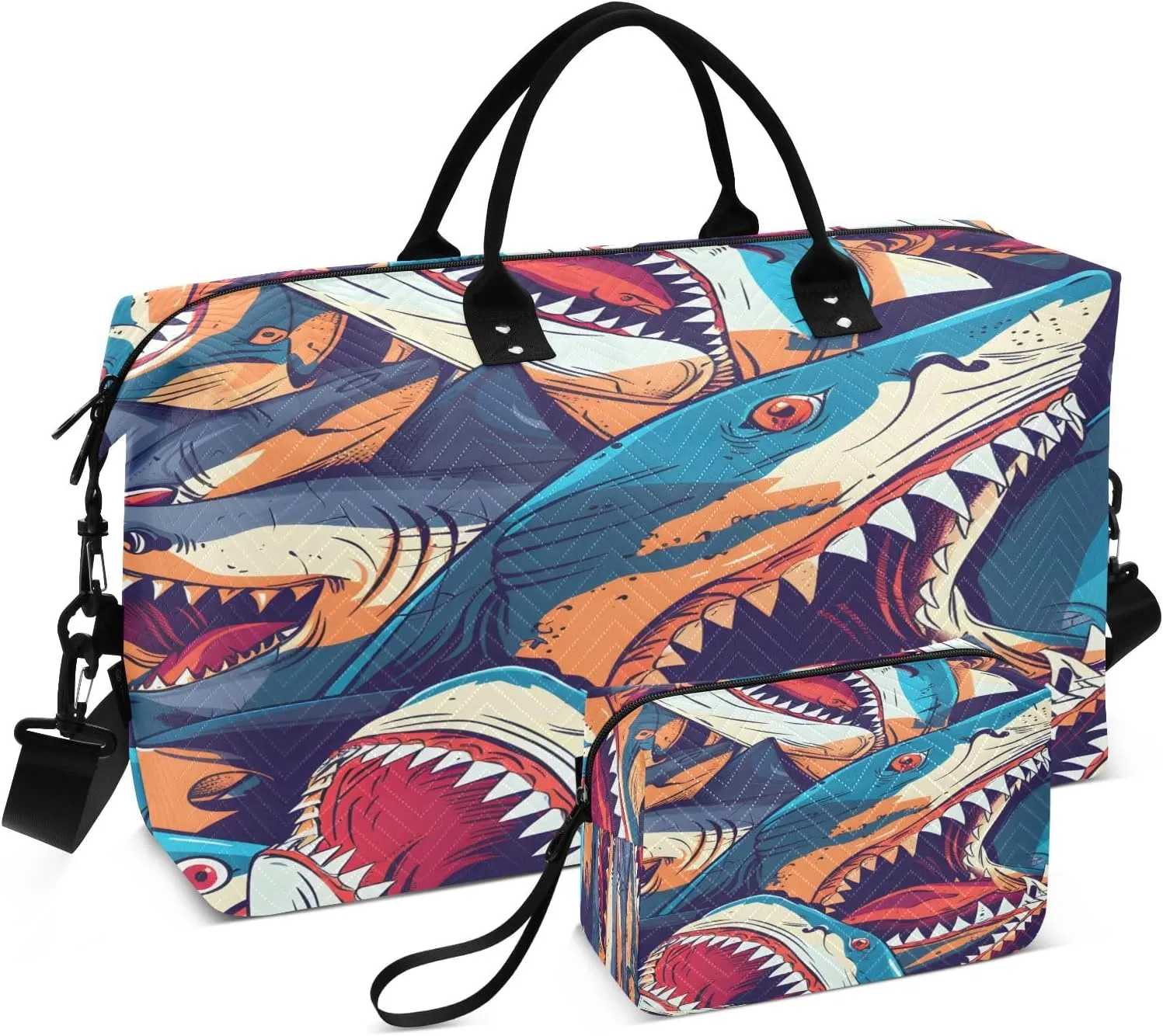 Angry Sharks Travel Duffel Bags with Toiletry Bag and Adjustable Strap for Travel Gym Yoga