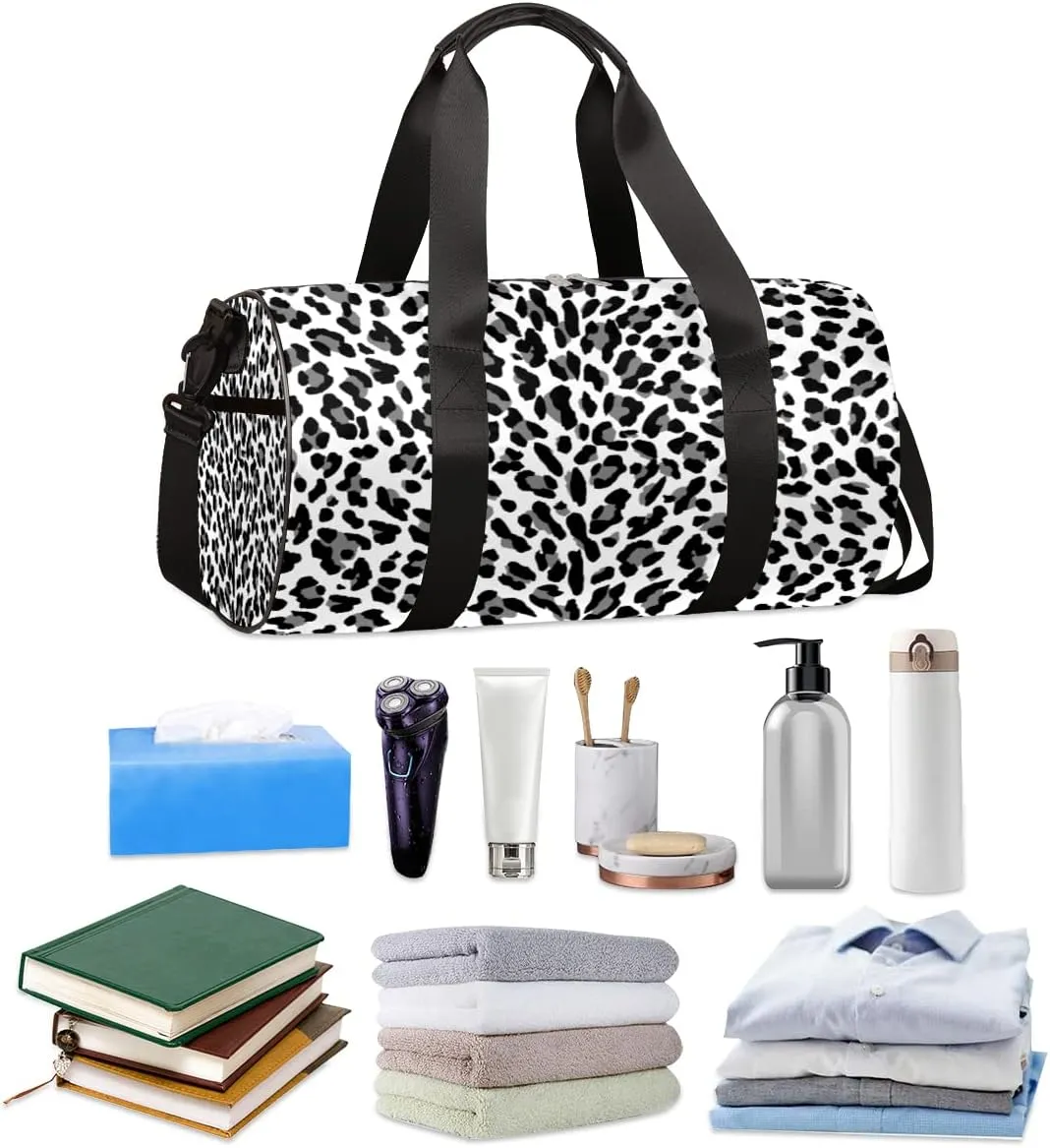 Animal Leopard Print White Gym Bag Small Gym Duffel Bags for Men Women Overnight Weekender Bags Lightweight Sport Duffle Bag Carry On Gymbag