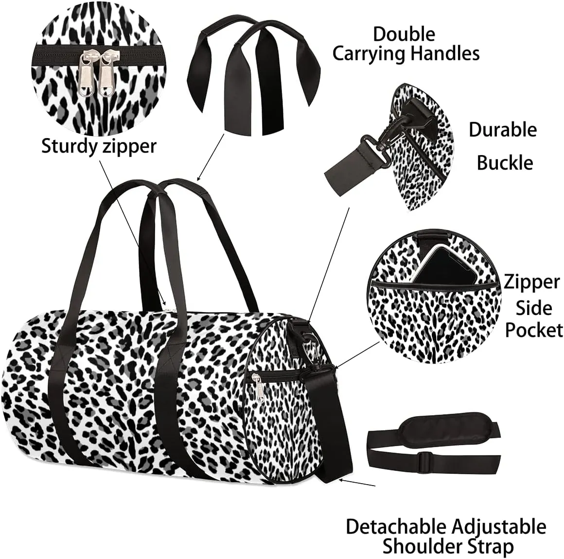 Animal Leopard Print White Gym Bag Small Gym Duffel Bags for Men Women Overnight Weekender Bags Lightweight Sport Duffle Bag Carry On Gymbag
