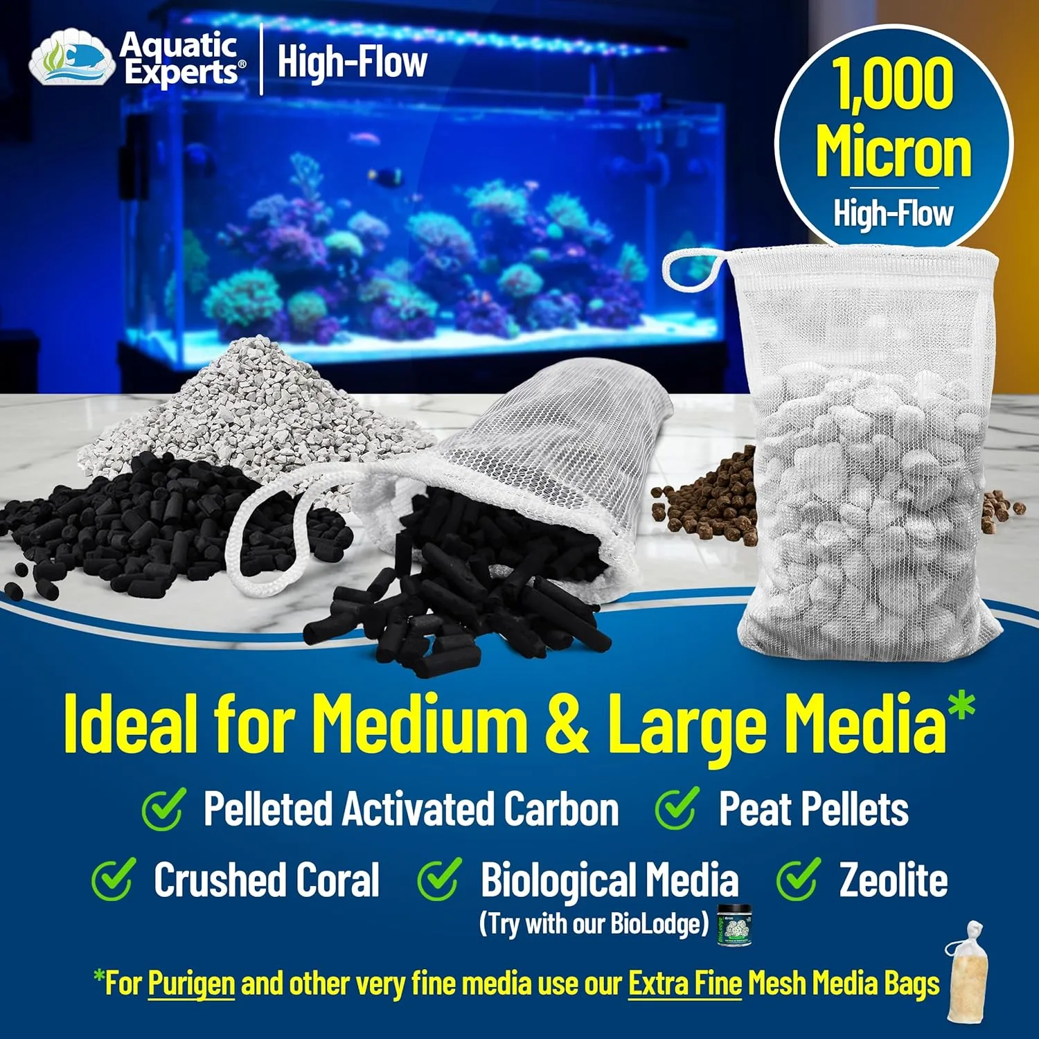 Aquatic Experts High Flow Filter Media Bag - Durable Filter Bags for Fish Tank, Secure Aquarium Media Bag with Drawstring, Media Bags for Aquarium and Pond, High Flow (White), 8” x 12" – 3 Pack