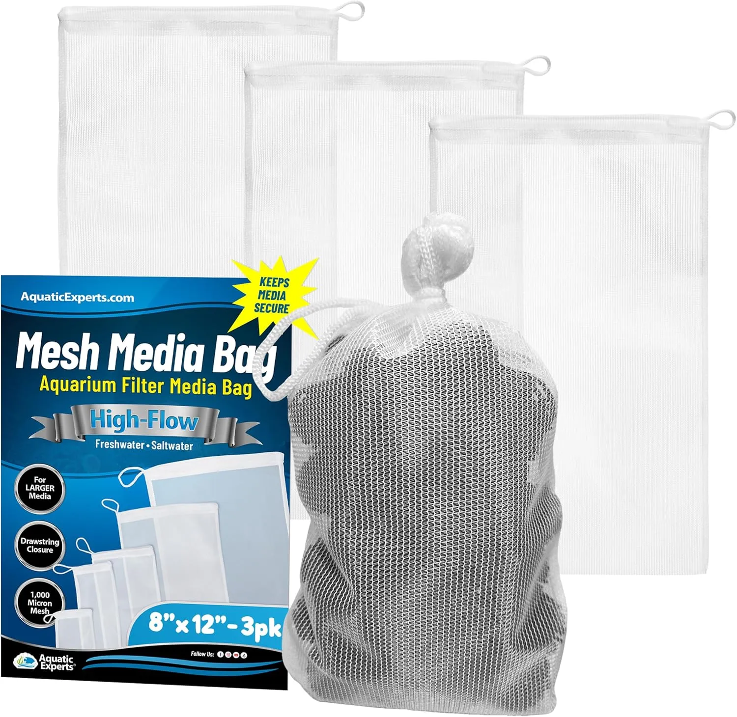 Aquatic Experts High Flow Filter Media Bag - Durable Filter Bags for Fish Tank, Secure Aquarium Media Bag with Drawstring, Media Bags for Aquarium and Pond, High Flow (White), 8” x 12" – 3 Pack