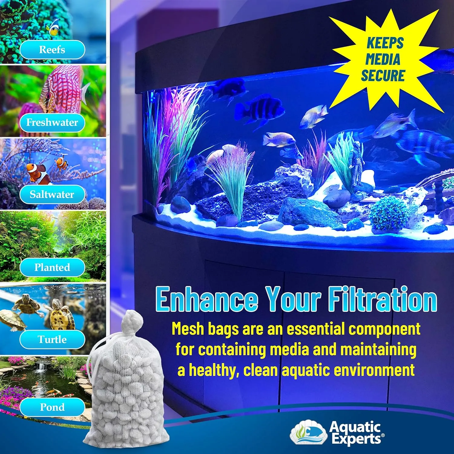 Aquatic Experts High Flow Filter Media Bag - Durable Filter Bags for Fish Tank, Secure Aquarium Media Bag with Drawstring, Media Bags for Aquarium and Pond, High Flow (White), 8” x 12" – 3 Pack