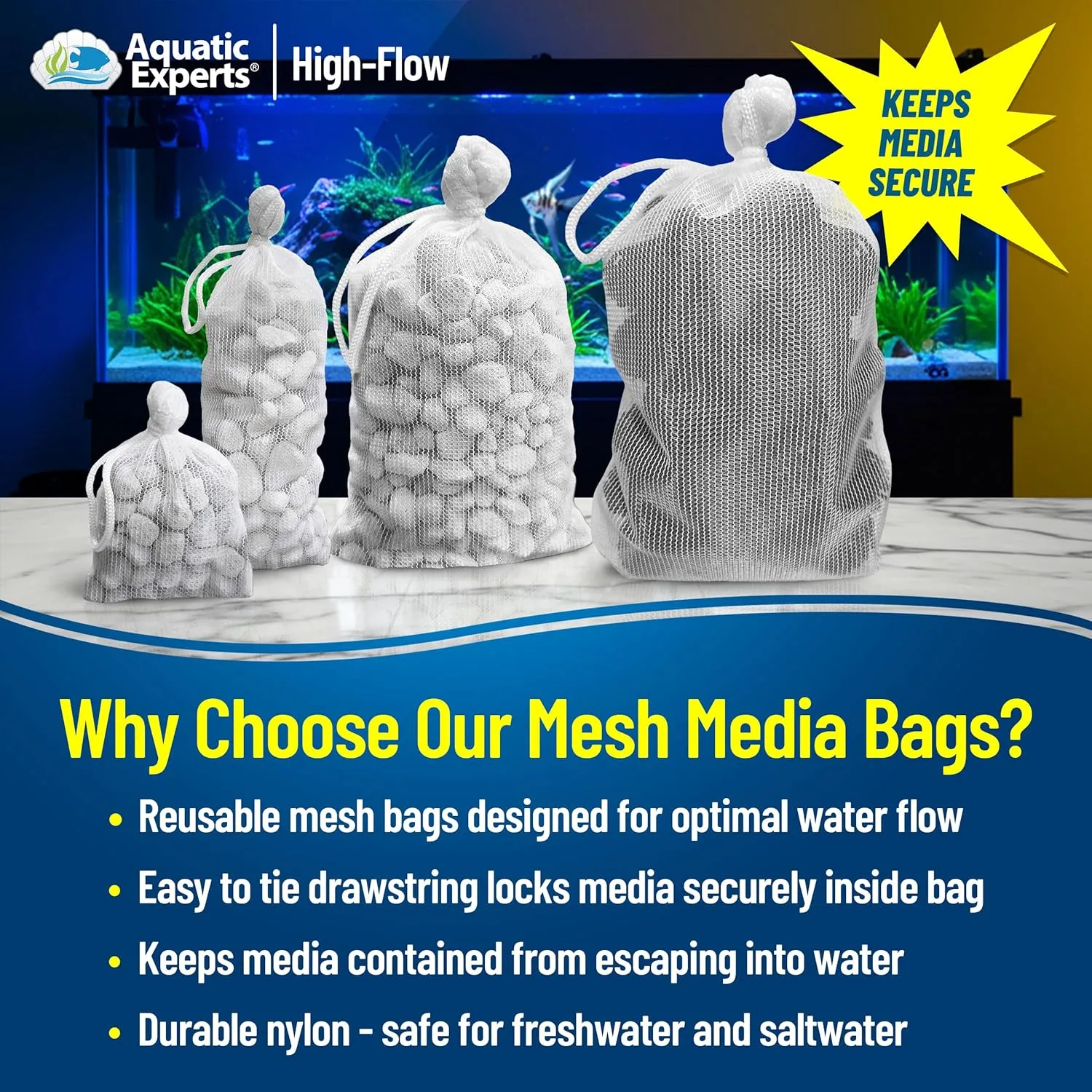 Aquatic Experts High Flow Filter Media Bag - Durable Filter Bags for Fish Tank, Secure Aquarium Media Bag with Drawstring, Media Bags for Aquarium and Pond, High Flow (White), 8” x 12" – 3 Pack