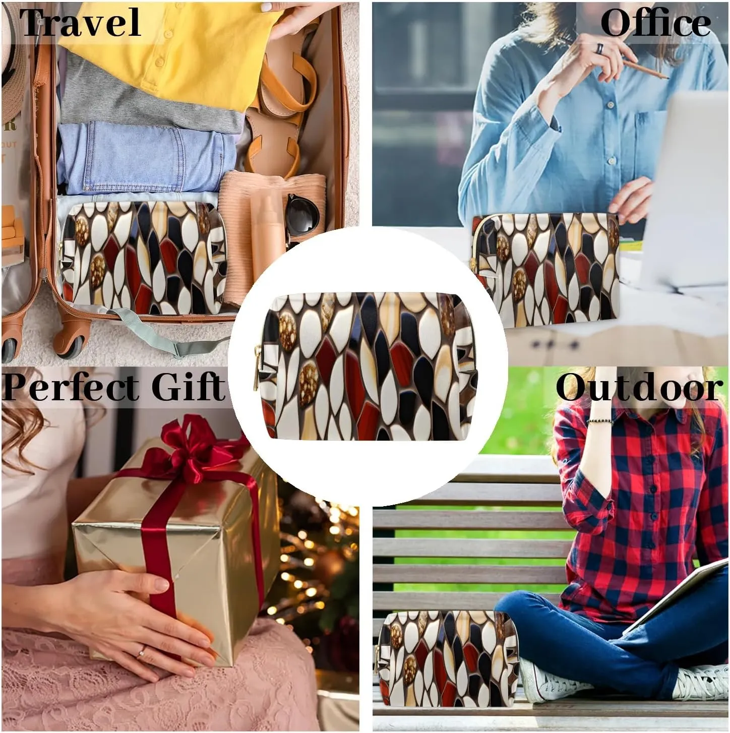 Art Radiant Prints Travel Makeup Bag for Women, PU Leather Waterproof Checkered Cosmetic Bags Large Make up Bag Zipper Pouch