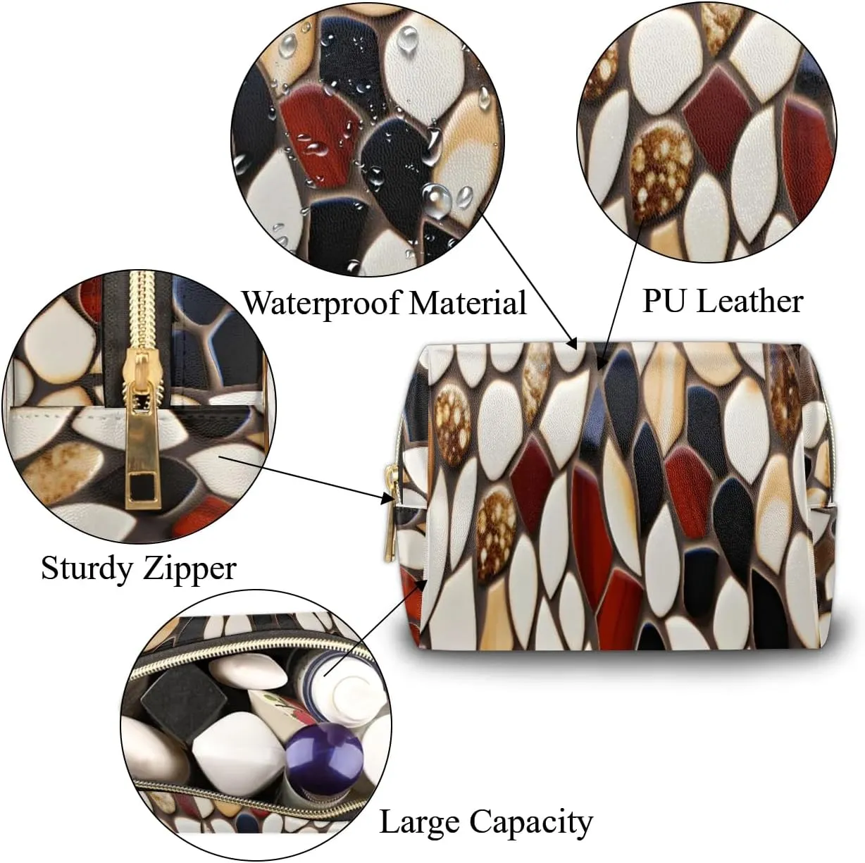 Art Radiant Prints Travel Makeup Bag for Women, PU Leather Waterproof Checkered Cosmetic Bags Large Make up Bag Zipper Pouch