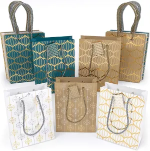 Arteza Gift Bags, 9.5 x7 x 3.4 Inches, Set of 15 with an Assortment of 2 Unique Metallic Foil Designs on 6 Kraft, 6 White, and 3 Blue Paper Bags, 3 of Each Style