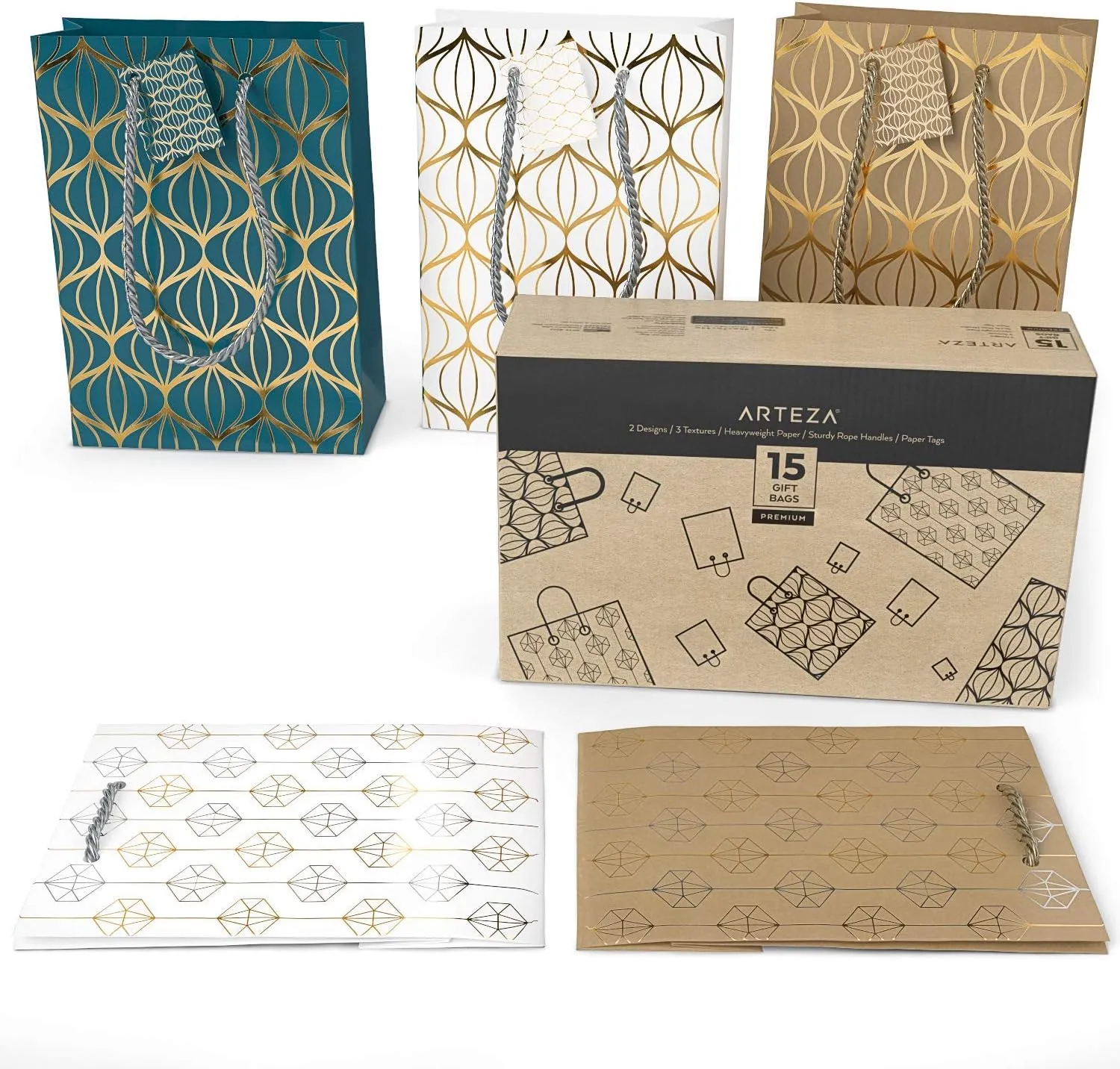 Arteza Gift Bags, 9.5 x7 x 3.4 Inches, Set of 15 with an Assortment of 2 Unique Metallic Foil Designs on 6 Kraft, 6 White, and 3 Blue Paper Bags, 3 of Each Style