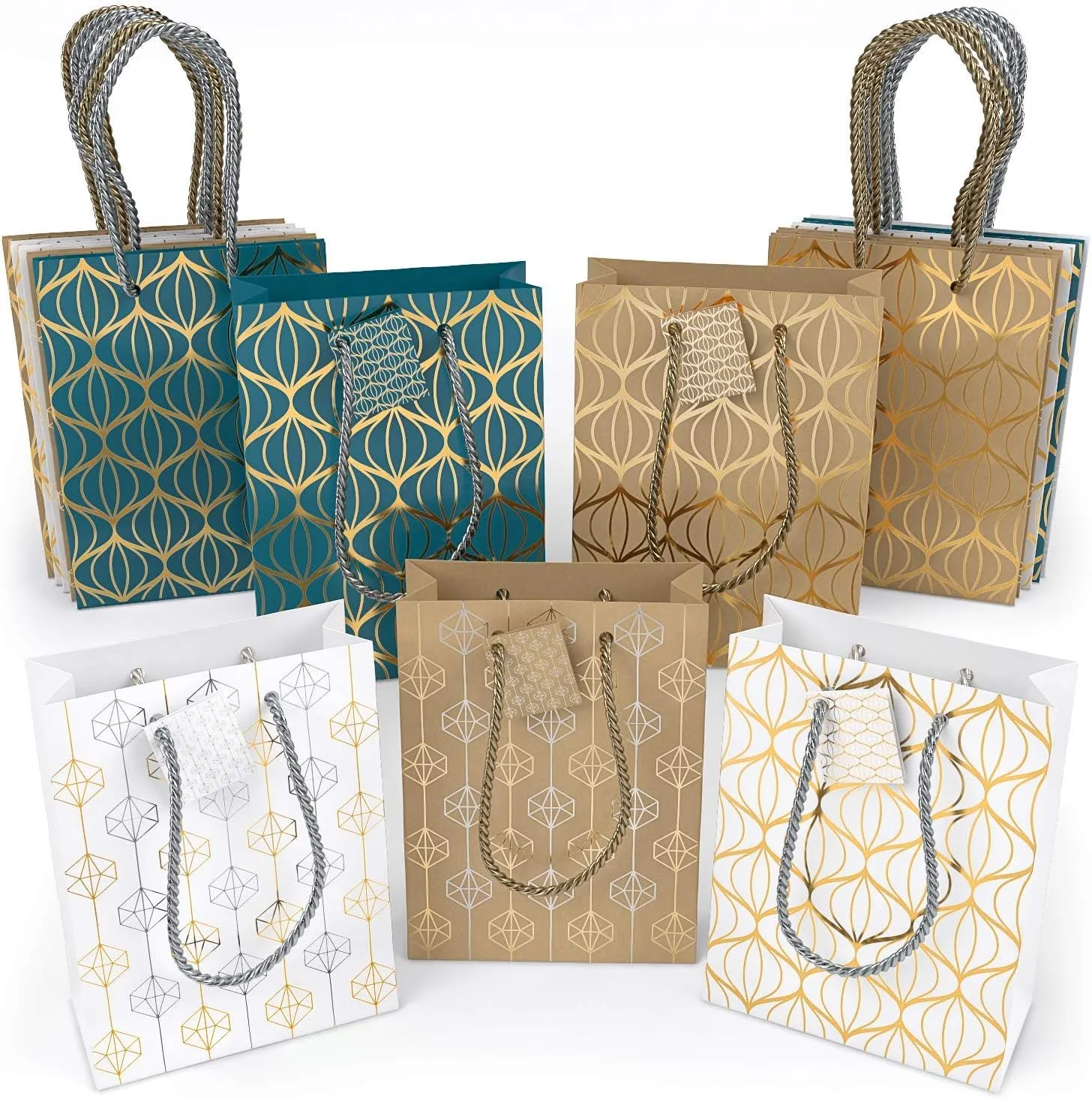 Arteza Gift Bags, 9.5 x7 x 3.4 Inches, Set of 15 with an Assortment of 2 Unique Metallic Foil Designs on 6 Kraft, 6 White, and 3 Blue Paper Bags, 3 of Each Style