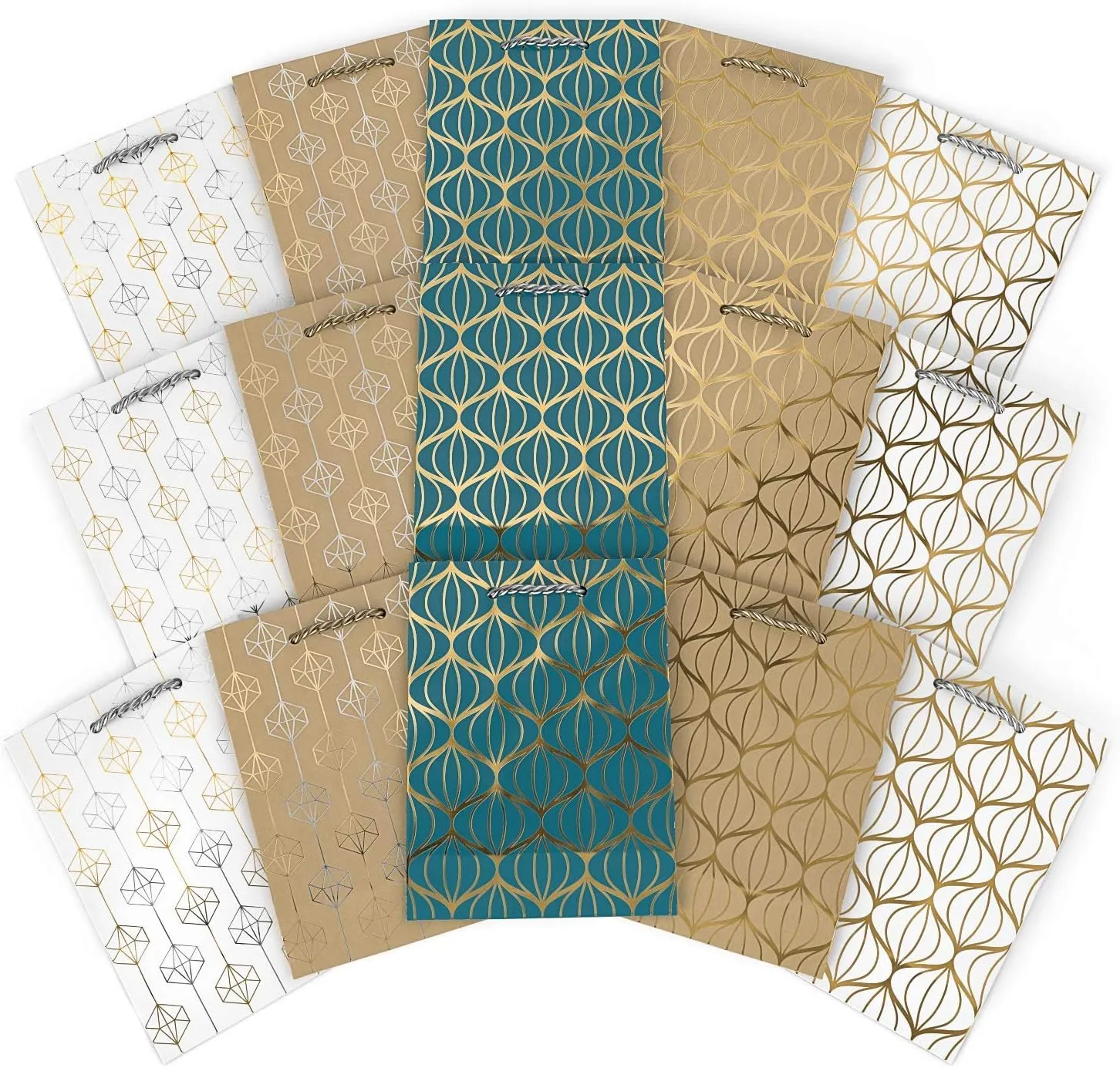 Arteza Gift Bags, 9.5 x7 x 3.4 Inches, Set of 15 with an Assortment of 2 Unique Metallic Foil Designs on 6 Kraft, 6 White, and 3 Blue Paper Bags, 3 of Each Style