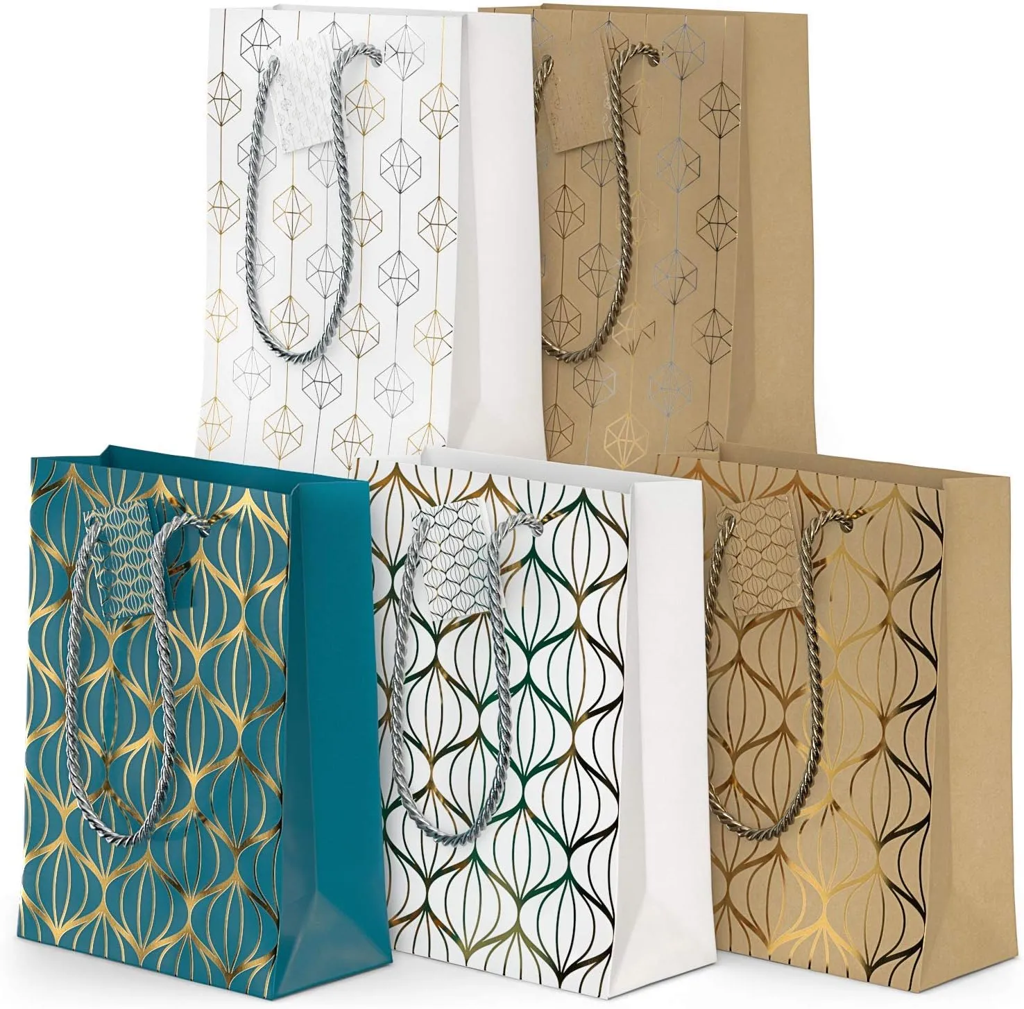 Arteza Gift Bags, 9.5 x7 x 3.4 Inches, Set of 15 with an Assortment of 2 Unique Metallic Foil Designs on 6 Kraft, 6 White, and 3 Blue Paper Bags, 3 of Each Style