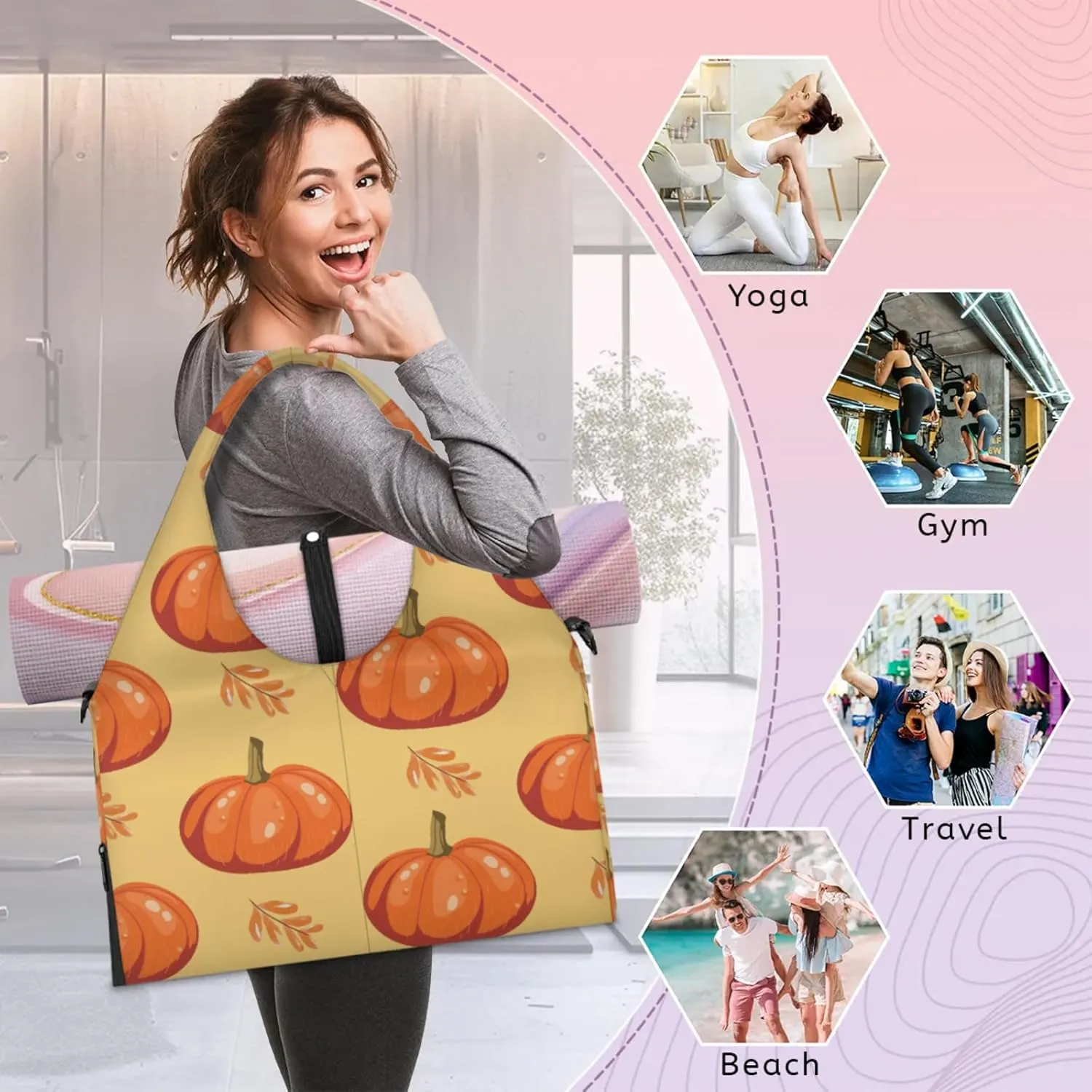 Autumn Pumpkins Gym Bag Yoga Mat Tote for Women with Shoes Compartment Lightweight Duffle Travel Carrier Wet Dry Storage Pockets Adjustable Pilates Mats Shoulder Bags for Sport Swim