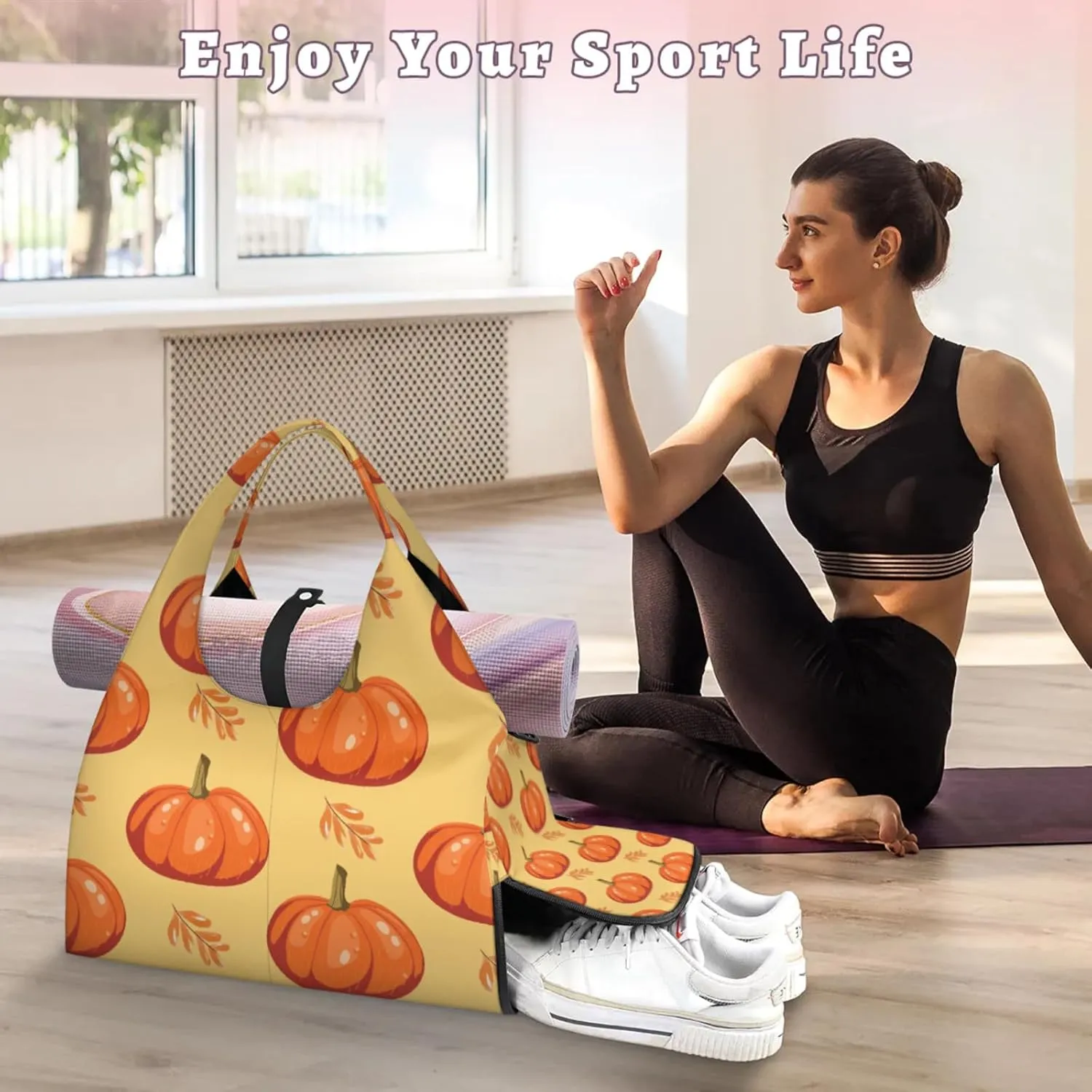 Autumn Pumpkins Gym Bag Yoga Mat Tote for Women with Shoes Compartment Lightweight Duffle Travel Carrier Wet Dry Storage Pockets Adjustable Pilates Mats Shoulder Bags for Sport Swim