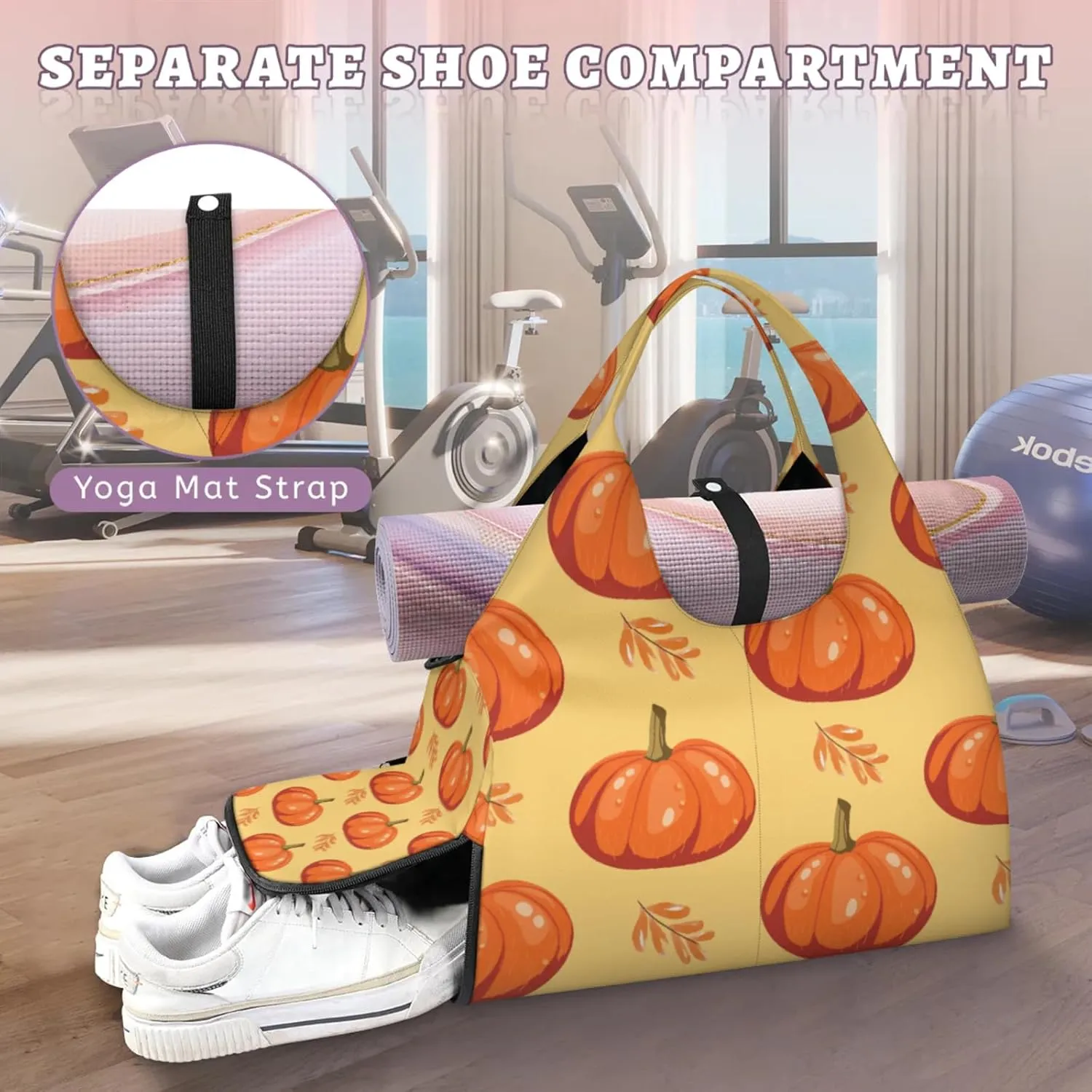 Autumn Pumpkins Gym Bag Yoga Mat Tote for Women with Shoes Compartment Lightweight Duffle Travel Carrier Wet Dry Storage Pockets Adjustable Pilates Mats Shoulder Bags for Sport Swim
