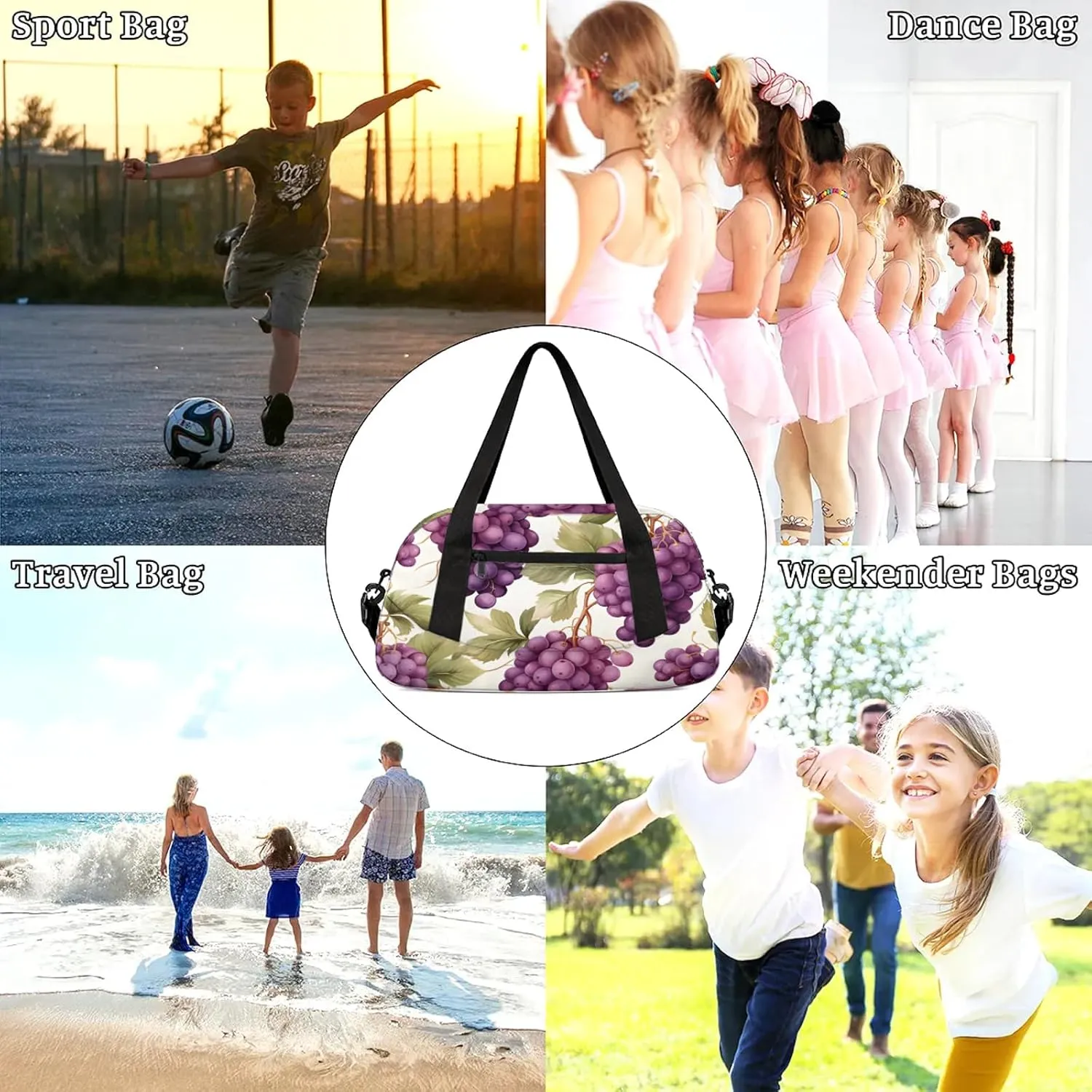 Autumn Purple Grapes Kids Duffel Bag Lightweight Waterproof Sports Gym Bag with Front Zipper Pocket Foldable Weekender Overnight Bag for School Practice Gymnastic Ballet