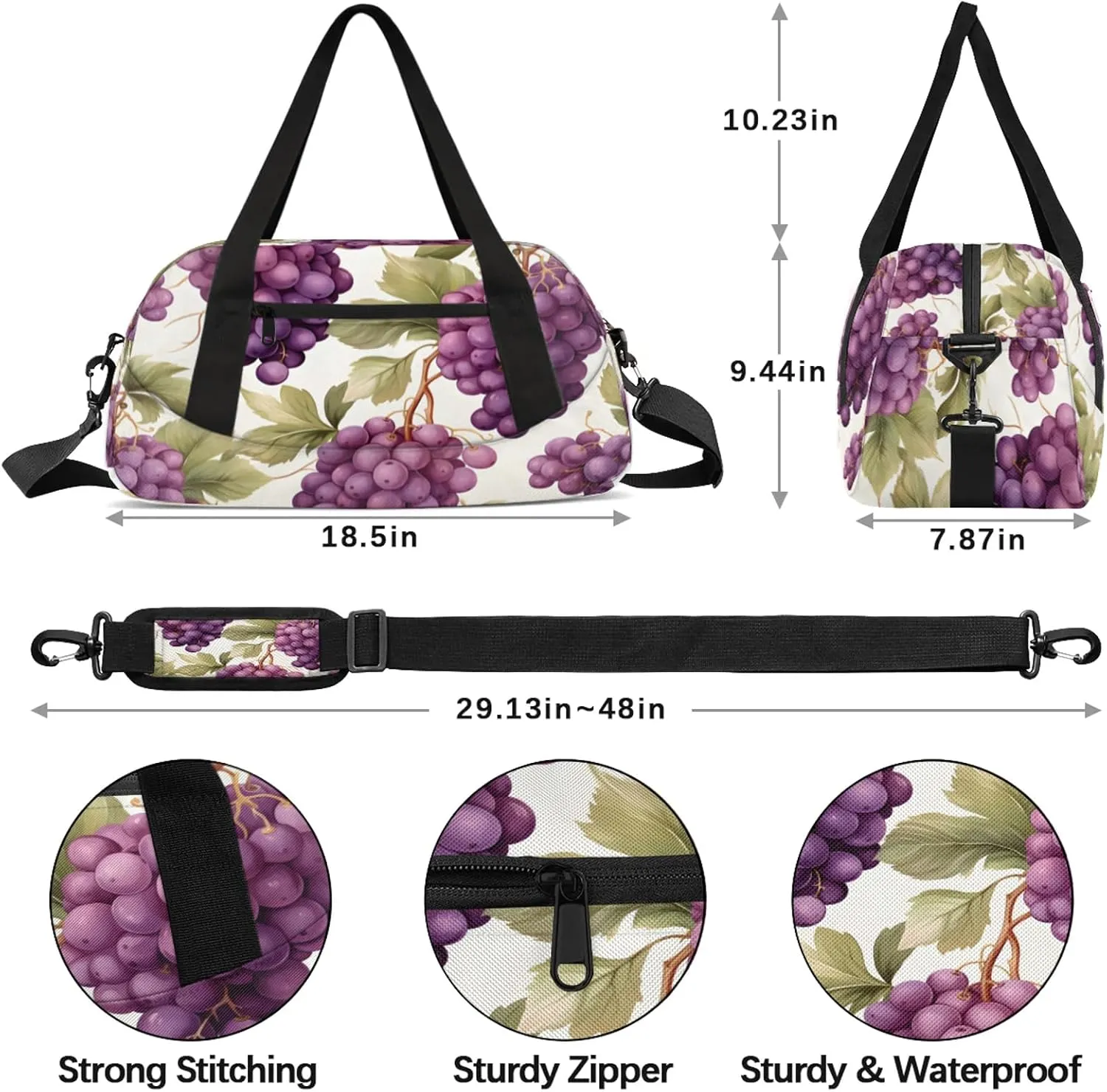 Autumn Purple Grapes Kids Duffel Bag Lightweight Waterproof Sports Gym Bag with Front Zipper Pocket Foldable Weekender Overnight Bag for School Practice Gymnastic Ballet