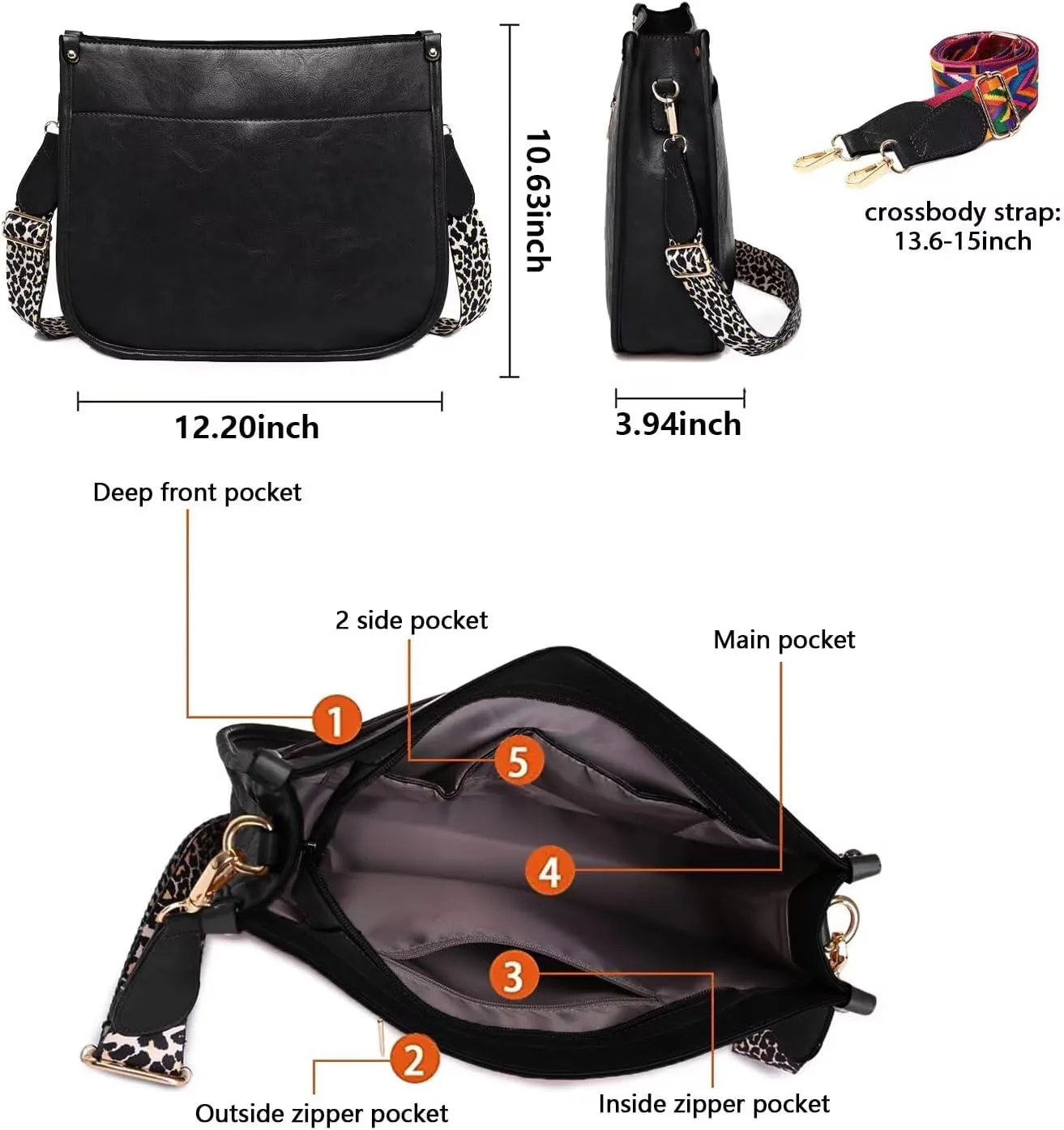 AUYOCO Vegan Leather Crossbody Bags for Women, Crossbody Purse with Guitar Strap Zipped Pockets Handbag Shoulder Bag