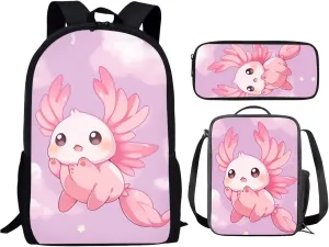 Axolotl School Bags for Girls Backpack Lunch Bag Set for Preschool/Kindergarten/Primary/Elementary Student Bookbag Schoolbag Kids Lunchbox Pencil Case