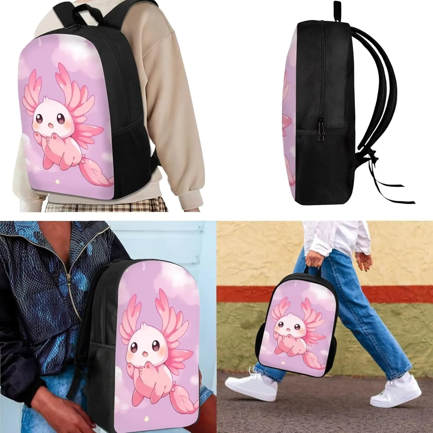 Axolotl School Bags for Girls Backpack Lunch Bag Set for Preschool/Kindergarten/Primary/Elementary Student Bookbag Schoolbag Kids Lunchbox Pencil Case