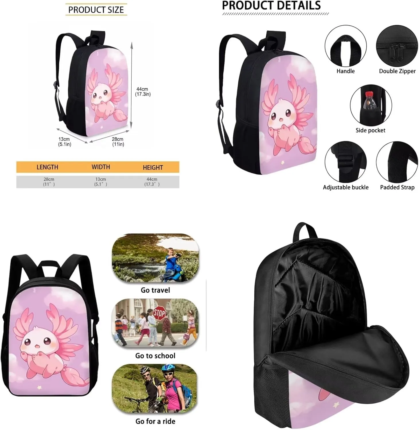 Axolotl School Bags for Girls Backpack Lunch Bag Set for Preschool/Kindergarten/Primary/Elementary Student Bookbag Schoolbag Kids Lunchbox Pencil Case