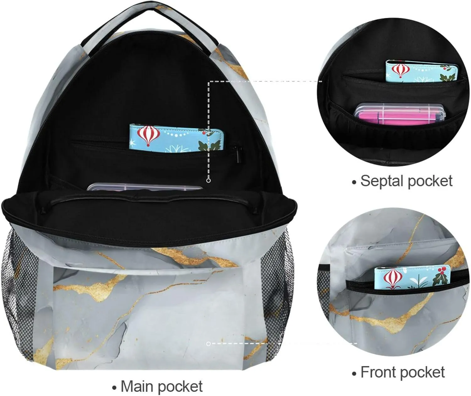 Backpacks for Teacher Nurse Waterproof School Bag with Chest Strap Gift Men & Women Marble White Gray