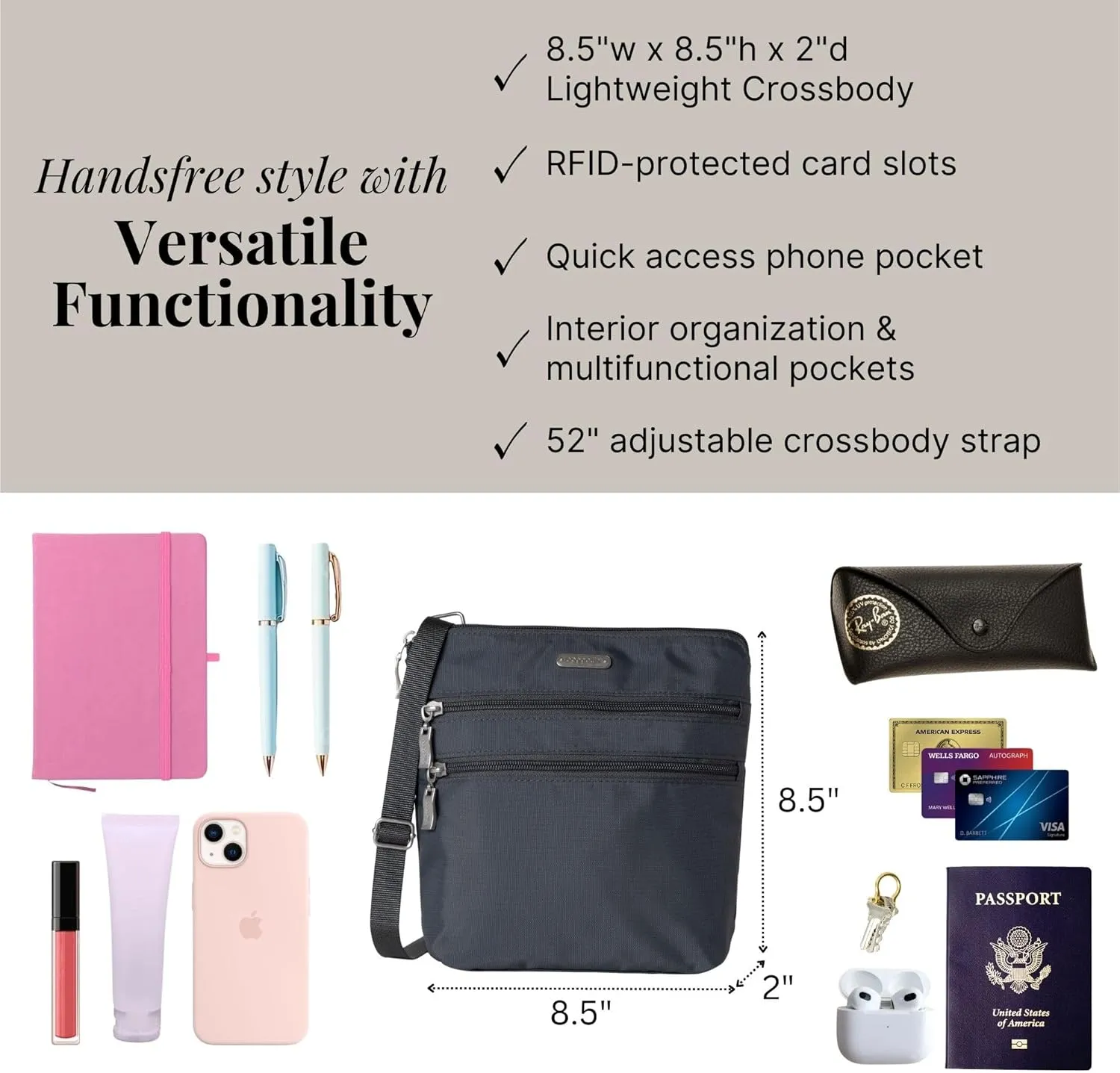 Baggallini Essential Crossbody Bags for Women 9x8 Organized Lightweight Washable Nylon Travel Handbag Purse w/RFID Protection