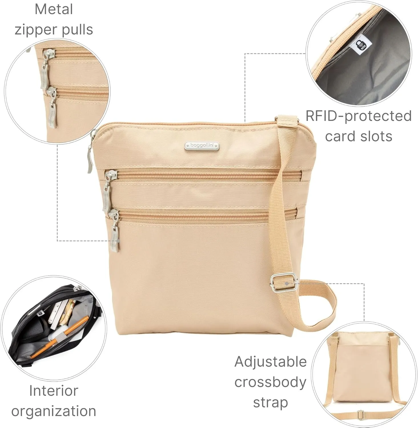 Baggallini Essential Crossbody Bags for Women 9x8 Organized Lightweight Washable Nylon Travel Handbag Purse w/RFID Protection