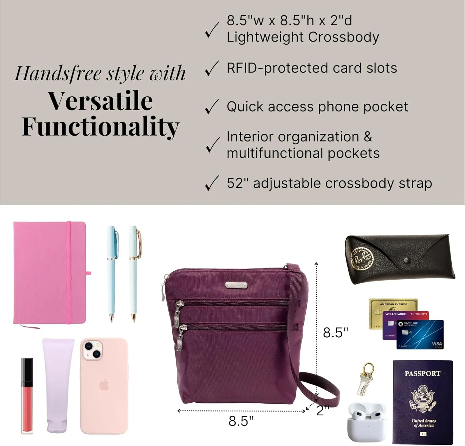 Baggallini Essential Crossbody Bags for Women 9x8 Organized Lightweight Washable Nylon Travel Handbag Purse w/RFID Protection