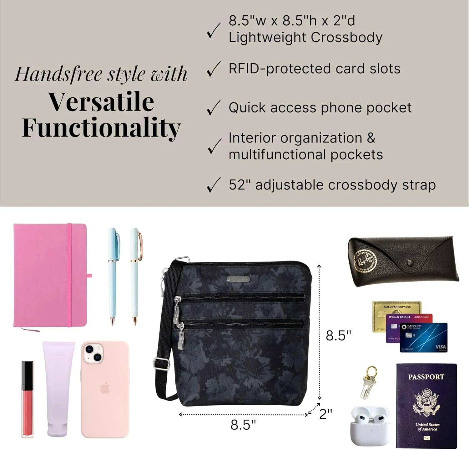 Baggallini Essential Crossbody Bags for Women 9x8 Organized Lightweight Washable Nylon Travel Handbag Purse w/RFID Protection