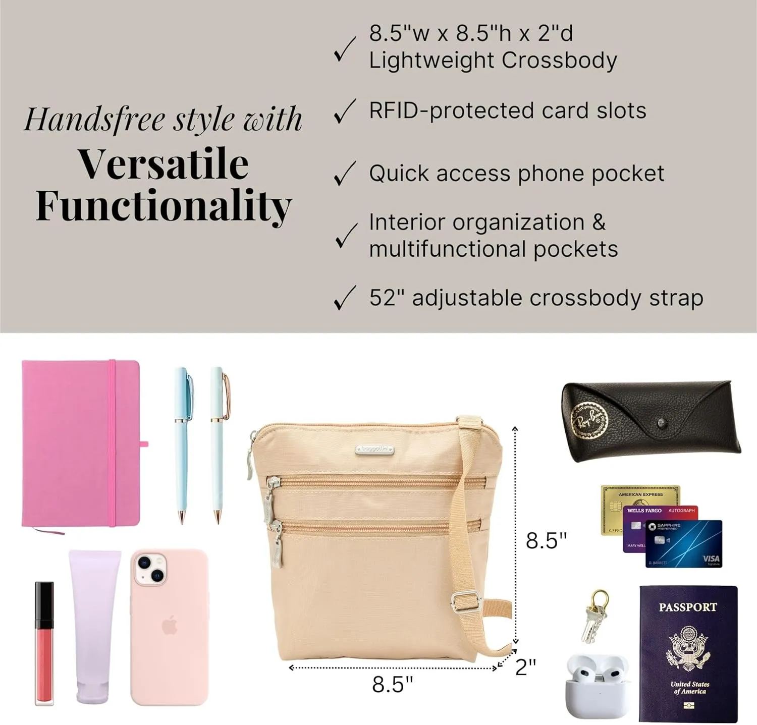Baggallini Essential Crossbody Bags for Women 9x8 Organized Lightweight Washable Nylon Travel Handbag Purse w/RFID Protection