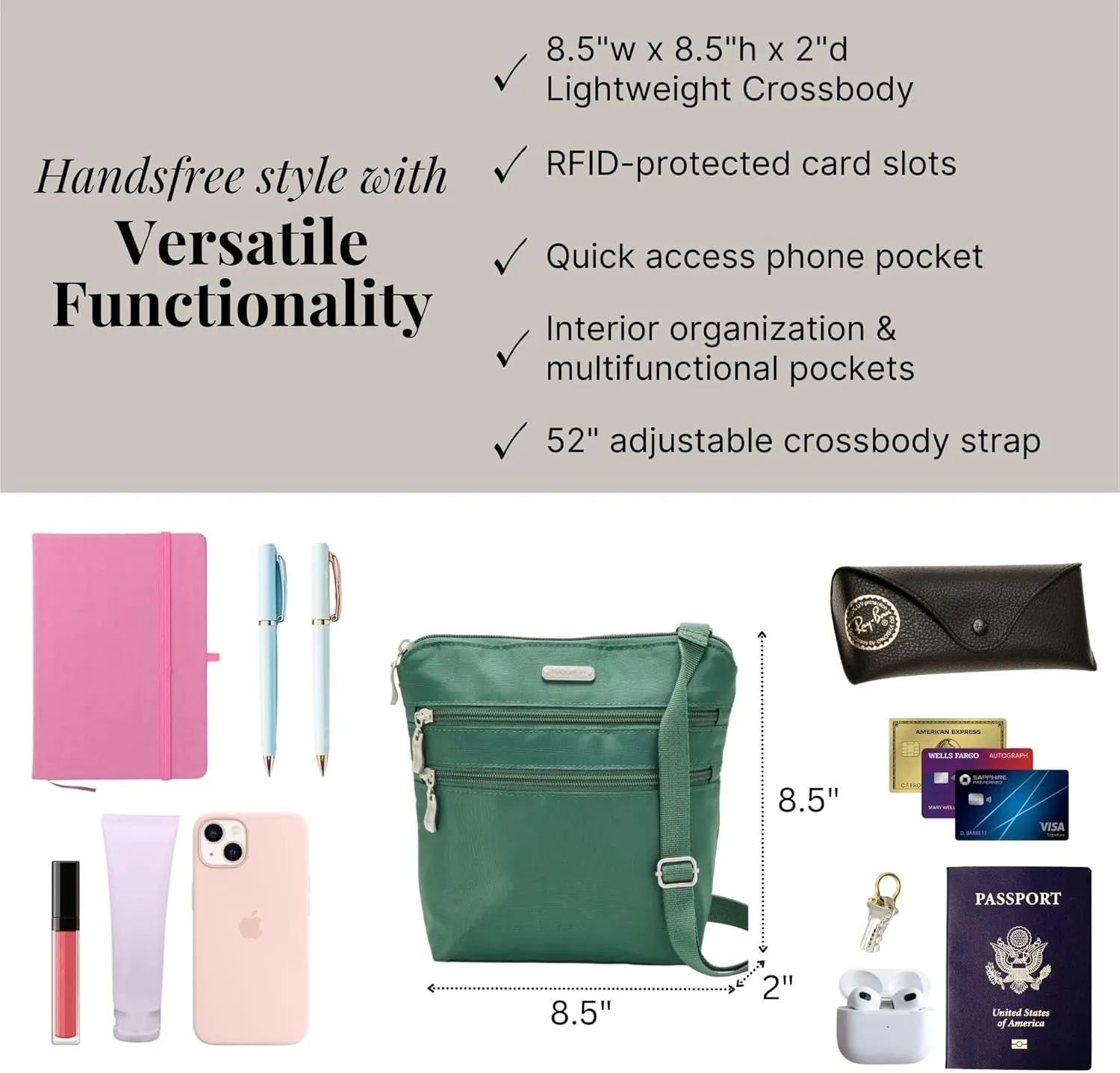 Baggallini Essential Crossbody Bags for Women 9x8 Organized Lightweight Washable Nylon Travel Handbag Purse w/RFID Protection