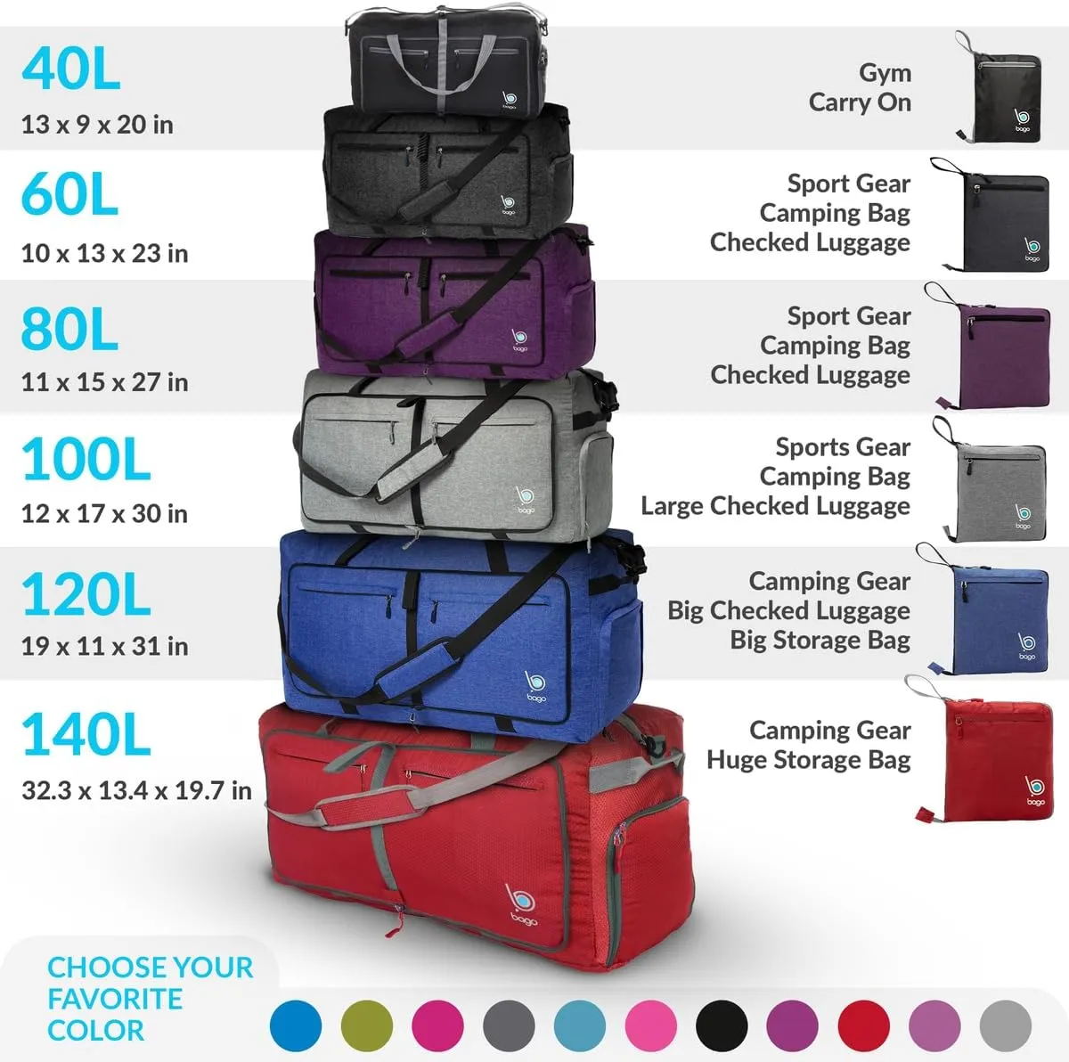 Bago Foldable Duffel Bags for Traveling Women & Men - 60L Medium Packable Duffle Bag for Travel with Shoe Compartment - Water Repellant, Heavy Duty, Lightweight Folding & Collapsible (Red)