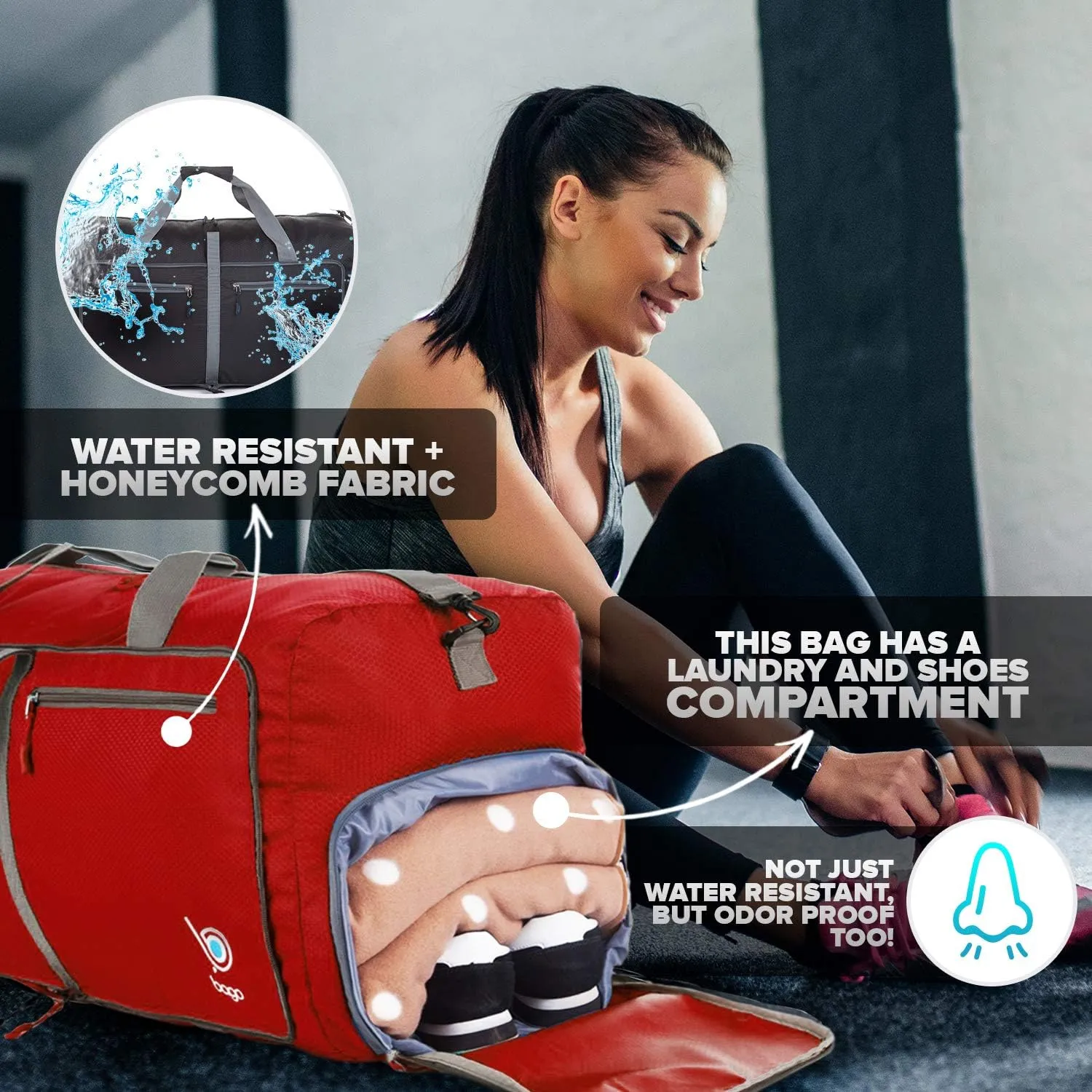 Bago Foldable Duffel Bags for Traveling Women & Men - 60L Medium Packable Duffle Bag for Travel with Shoe Compartment - Water Repellant, Heavy Duty, Lightweight Folding & Collapsible (Red)