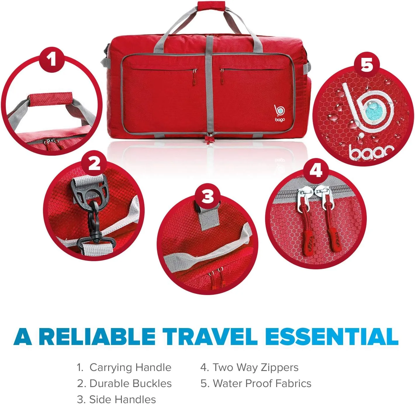 Bago Foldable Duffel Bags for Traveling Women & Men - 60L Medium Packable Duffle Bag for Travel with Shoe Compartment - Water Repellant, Heavy Duty, Lightweight Folding & Collapsible (Red)