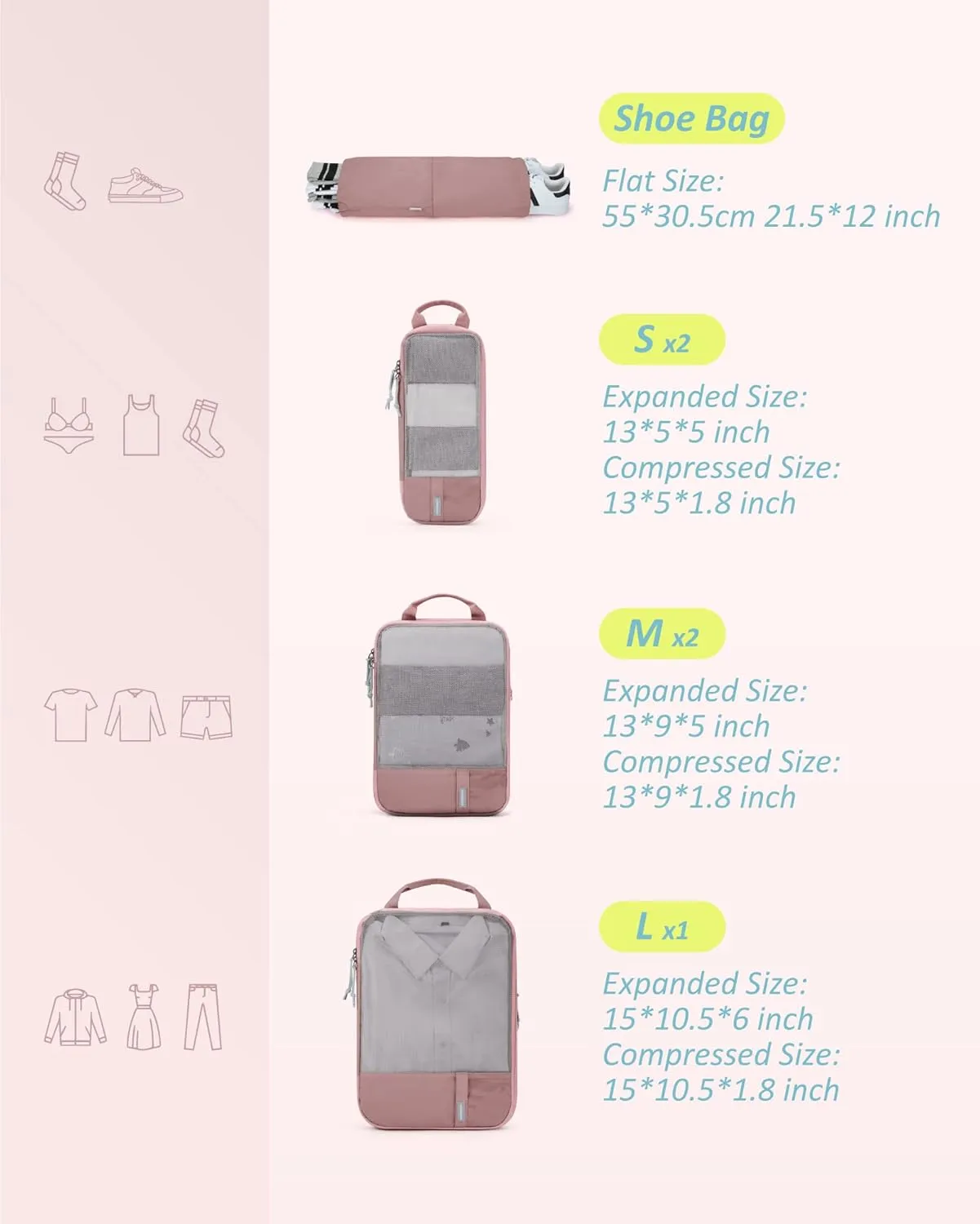 BAGSMART 6 Set Compression Packing Cubes - Lightweight Travel Essentials, Durable Luggage Organizer