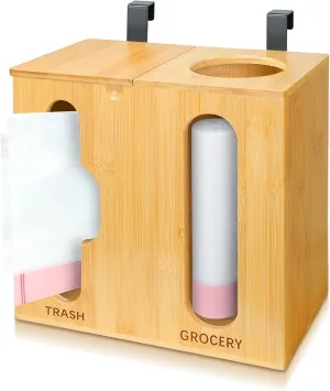 Bamboo Plastic Bag Holder - 2 in 1 Wall Mounted Grocery & Trash Bag Dispenser for Kitchen Organization