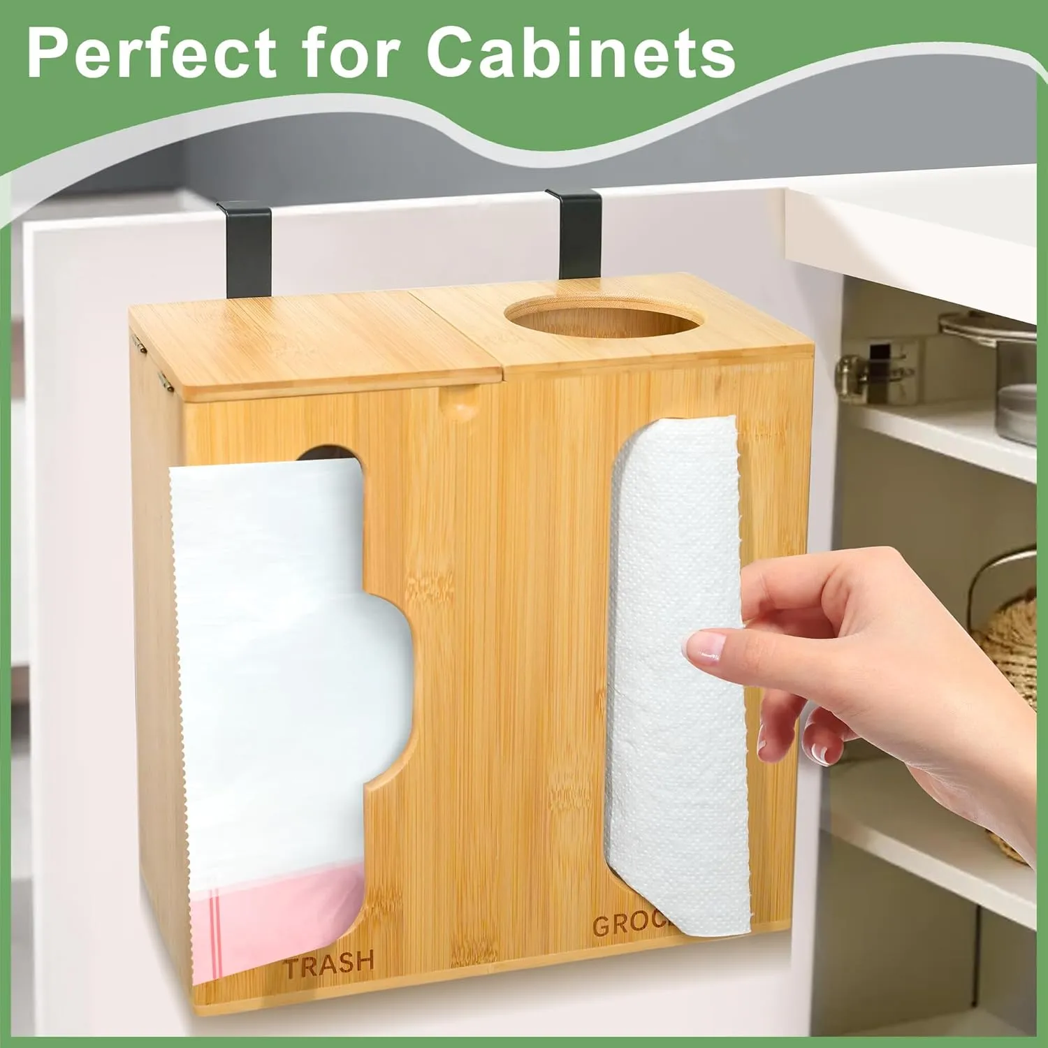 Bamboo Plastic Bag Holder - 2 in 1 Wall Mounted Grocery & Trash Bag Dispenser for Kitchen Organization