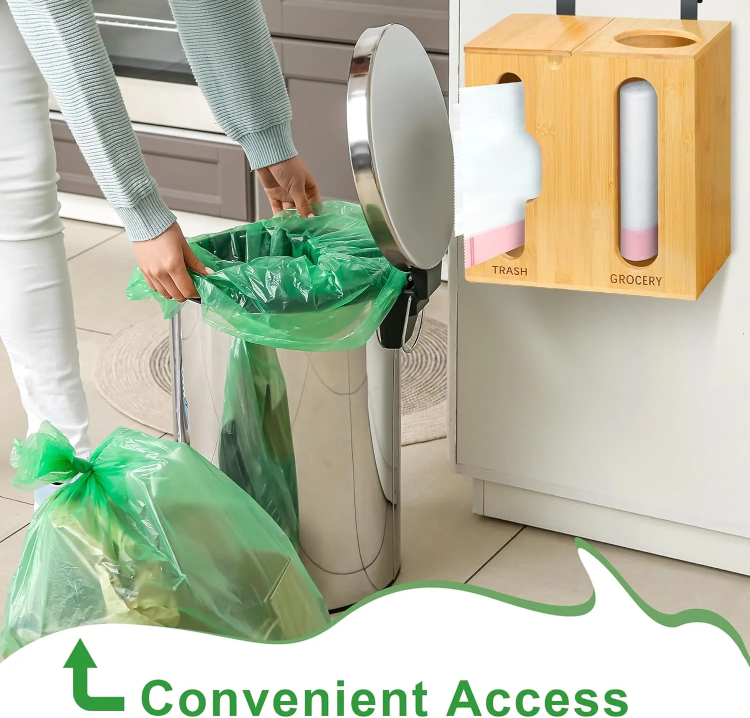 Bamboo Plastic Bag Holder - 2 in 1 Wall Mounted Grocery & Trash Bag Dispenser for Kitchen Organization