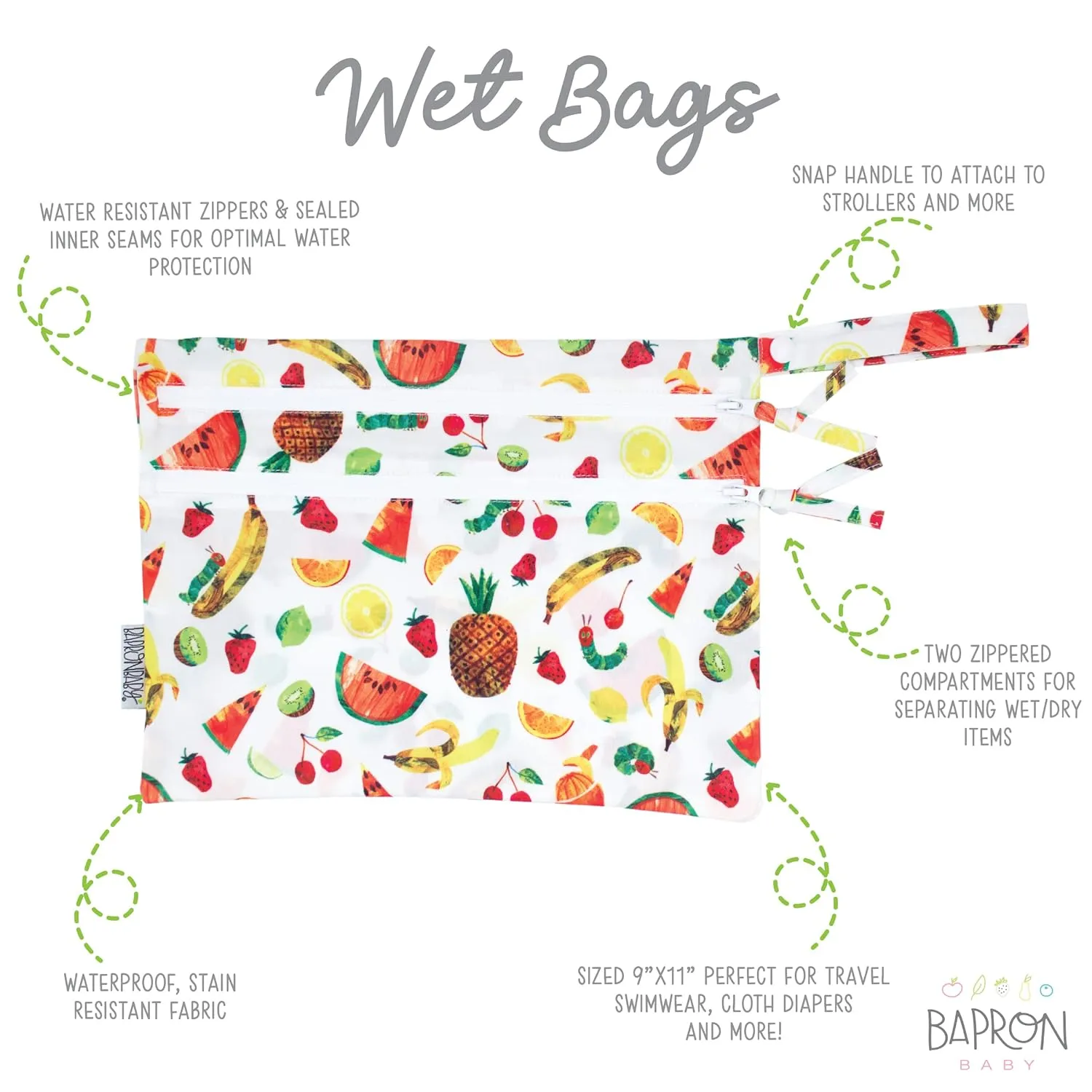 BapronBaby Eric Carle Tropical Fruit Wet Dry Bag - Waterproof Two Zipper Pockets - Reusable for Mealtime, Diapers, Stroller, Snacks, Swimsuits - Machine Washable - 11" x 9"